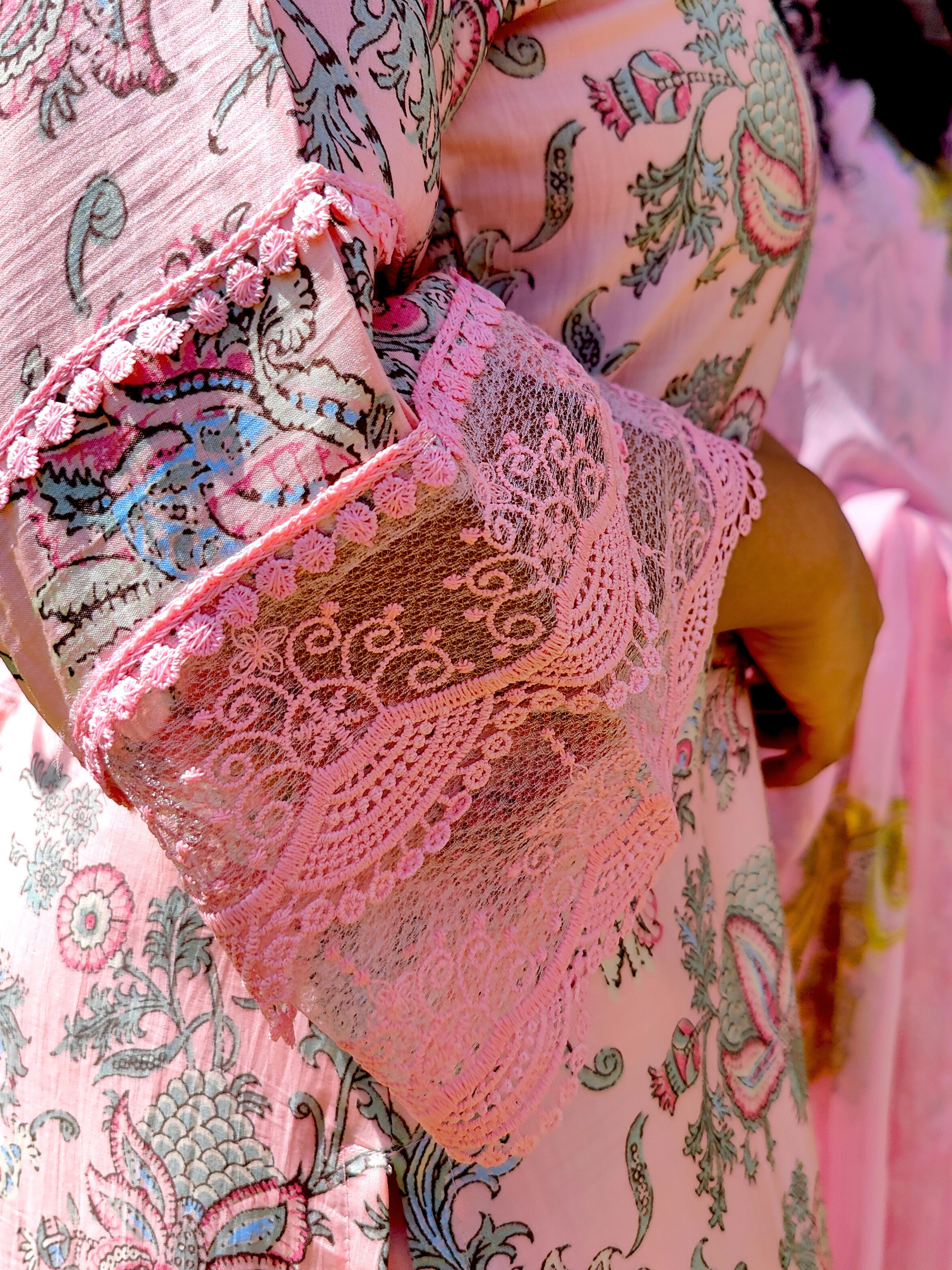 Peach Handblock Cotton Italian Lace Stitched Suit Set