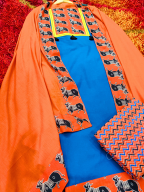 Blue Kalamkari Cotton Unstitched Dress Material Suit Set