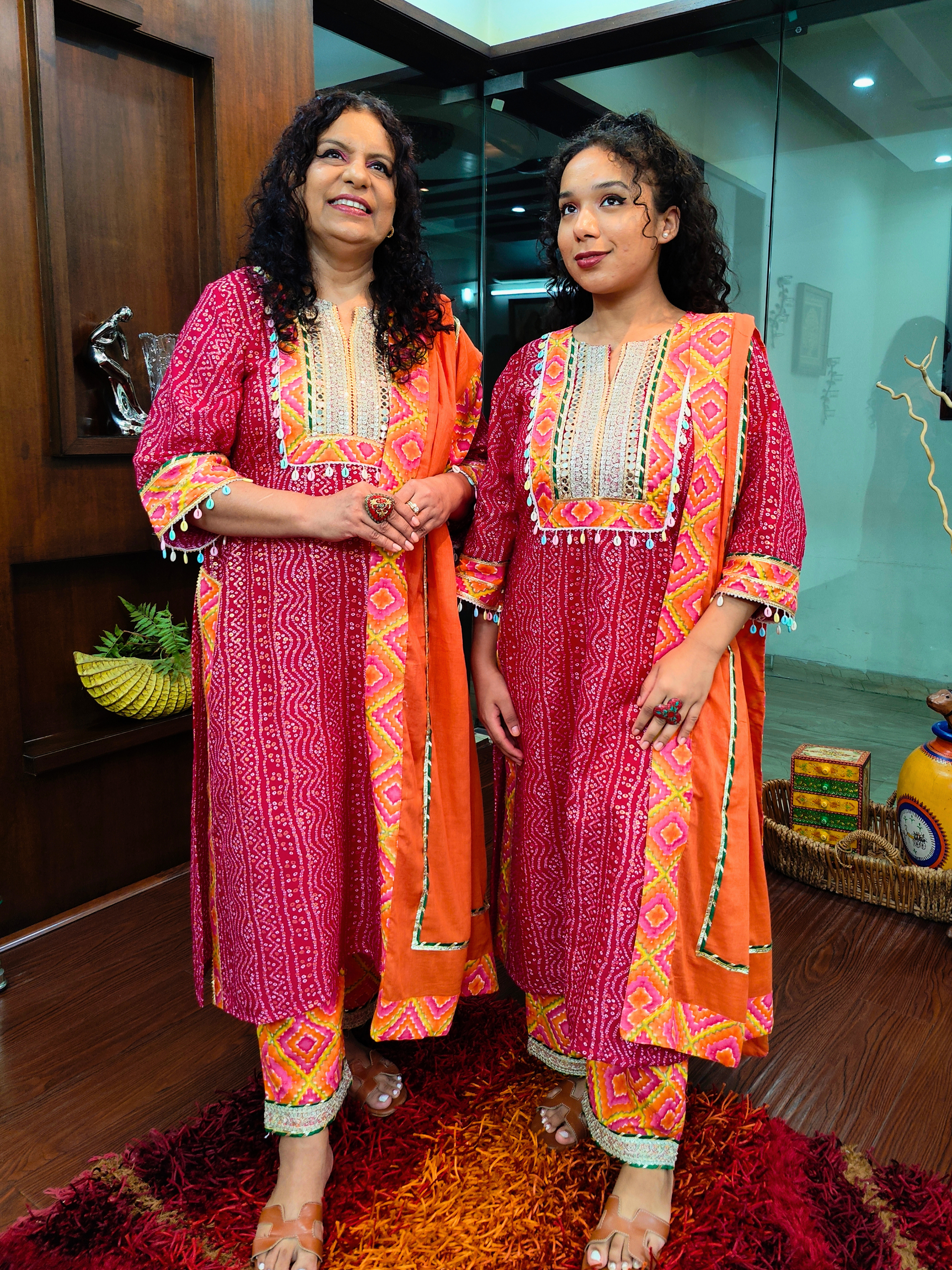 Magenta Bandhej Silver Gota Cotton Stitched Suit Set