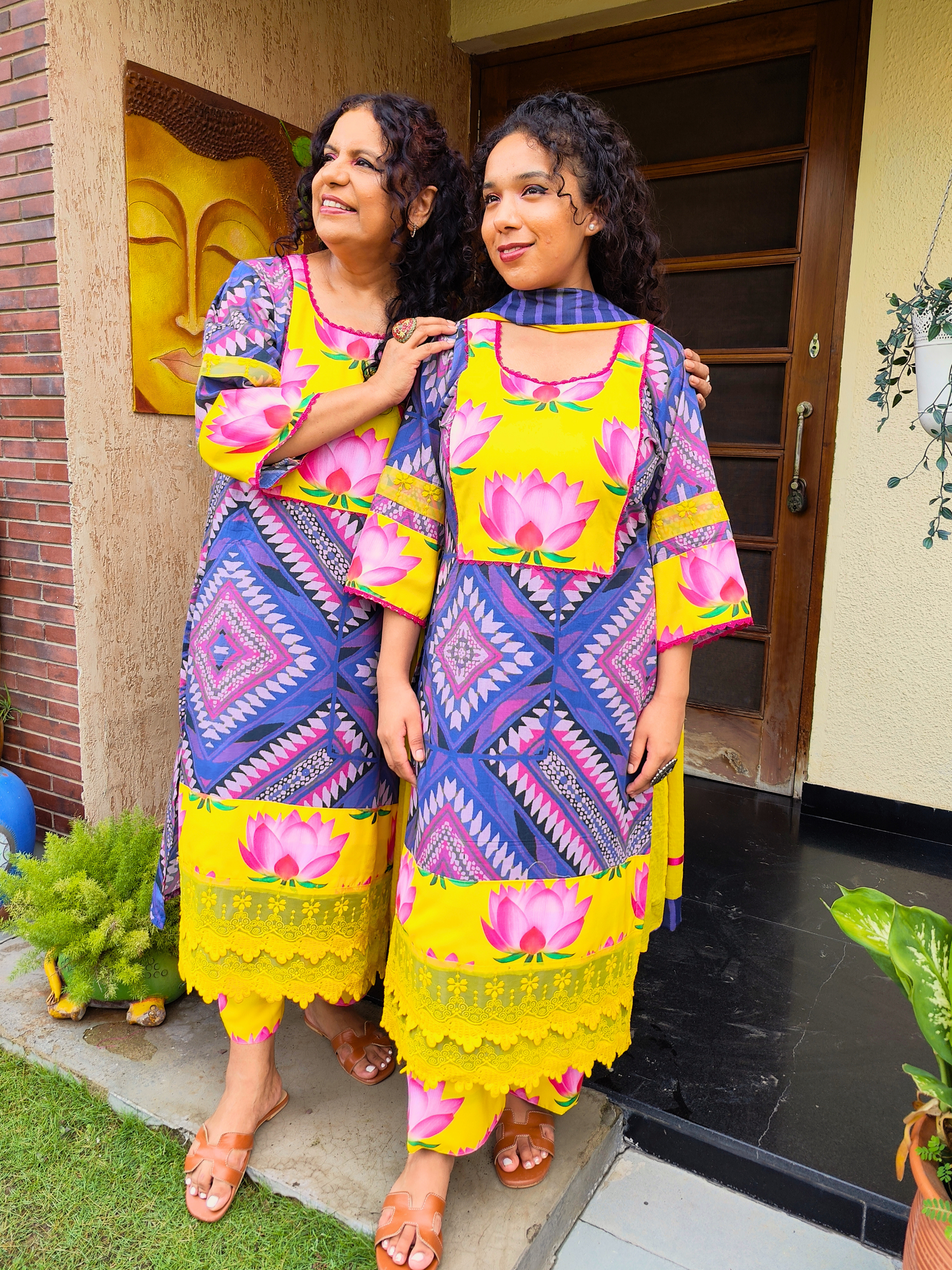 Purple Digital Printed Magenta Lace Cotton Stitched Suit Set