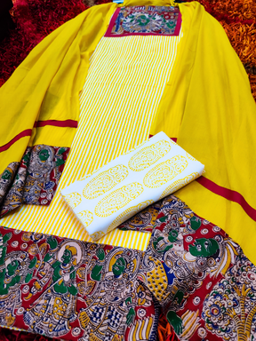 Yellow Striped Kalamkari Cotton Unstitched Dress Material Suit Set