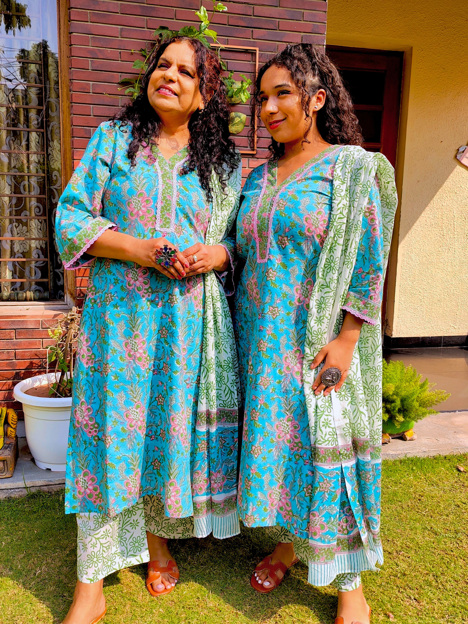 Sky Blue Handblock Pink lace Cotton Stitched Suit Set