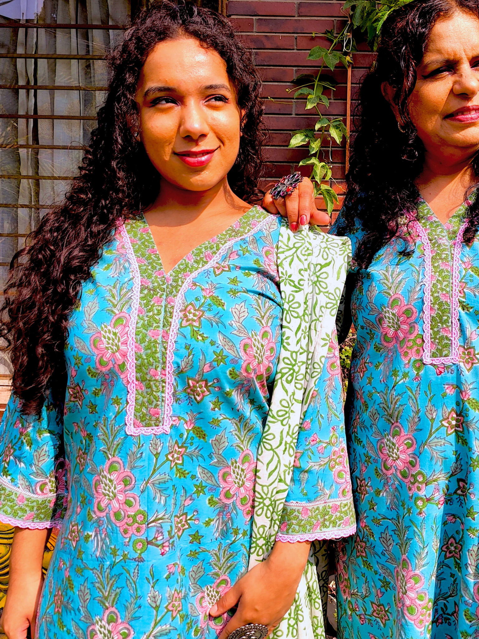 Sky Blue Handblock Pink lace Cotton Stitched Suit Set