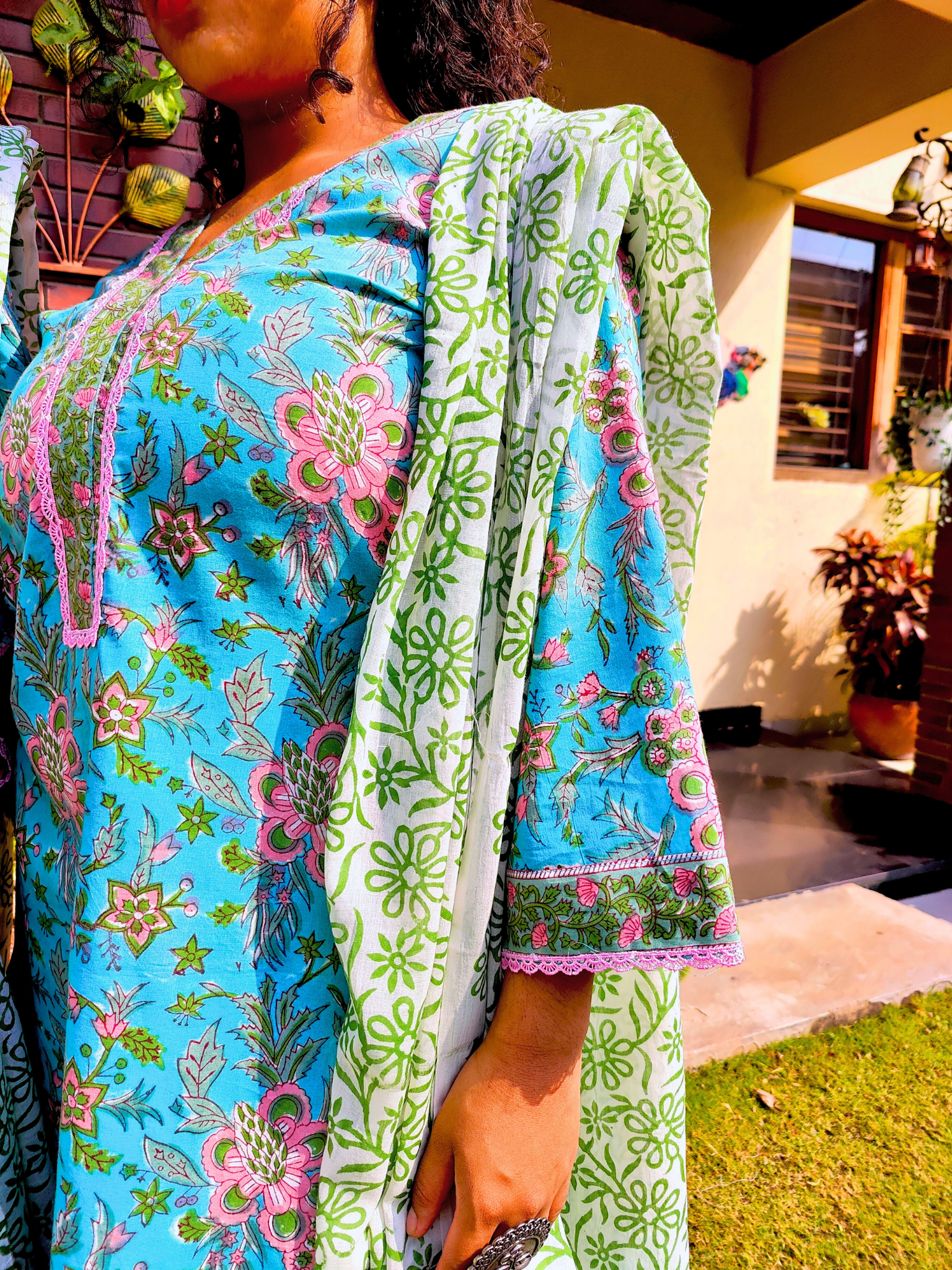 Sky Blue Handblock Pink lace Cotton Stitched Suit Set