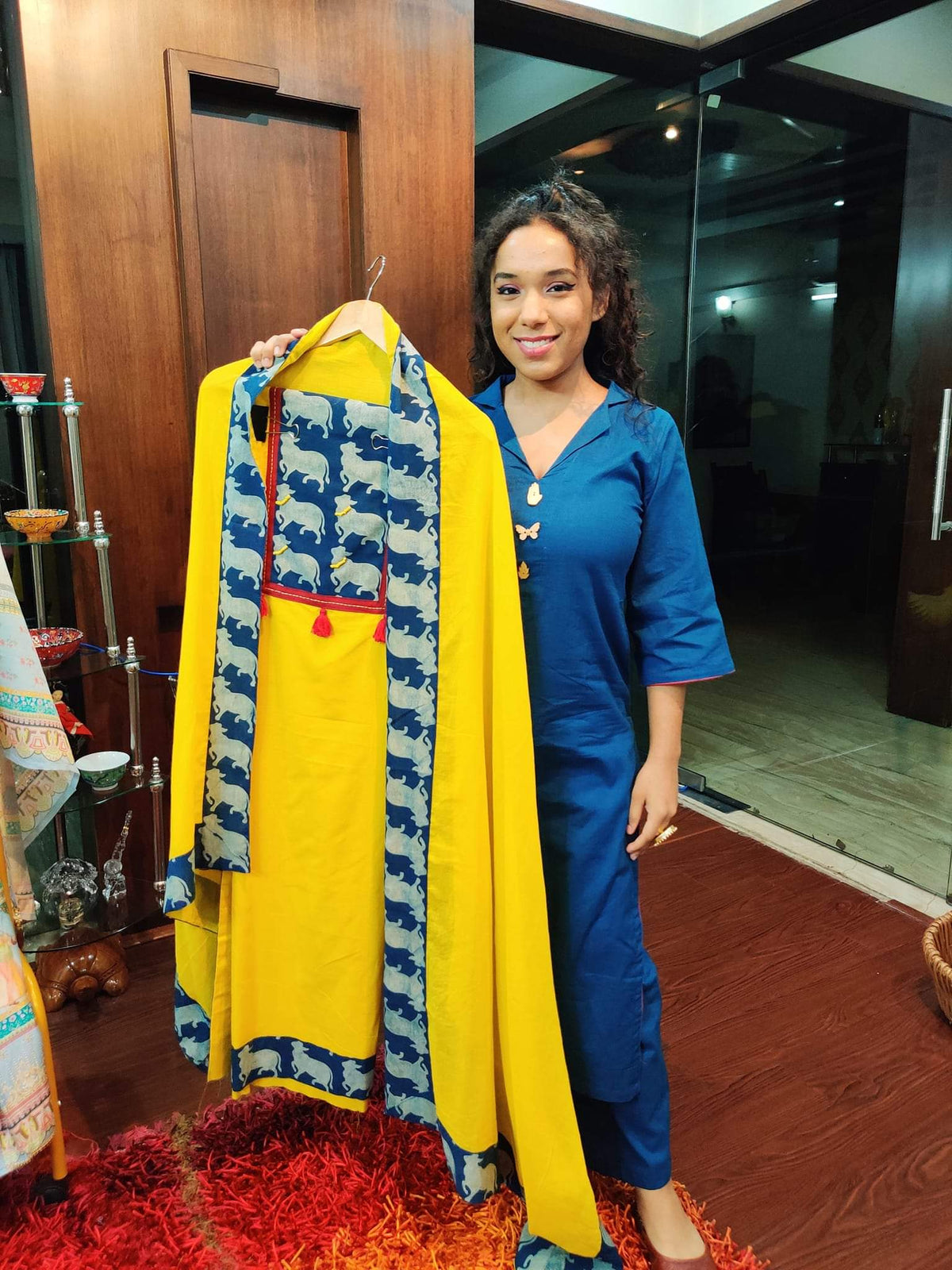 Yellow Kalamkari Cotton Unstitched Dress Material Suit Set