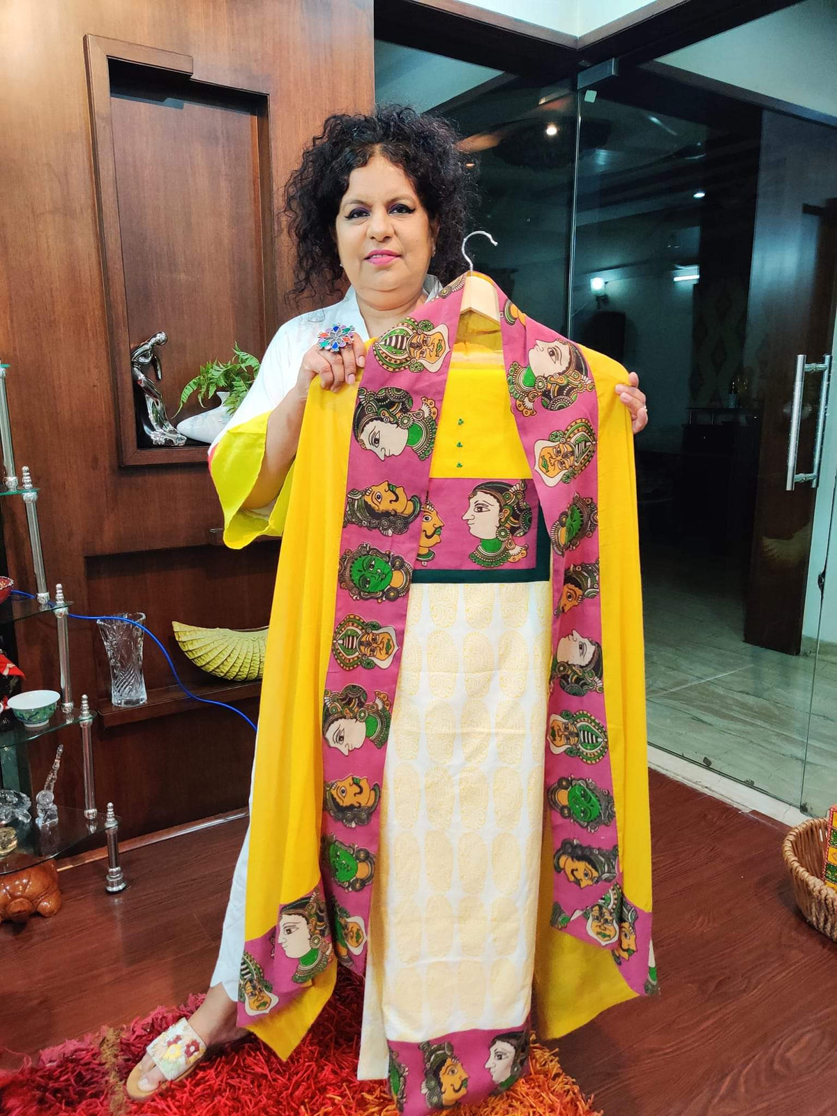 Yellow Kalamkari Cotton Handblock Unstitched Dress Material Suit Set