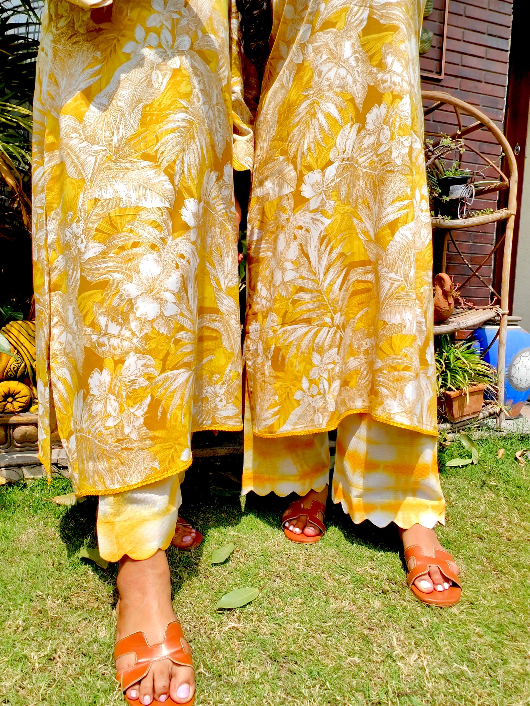 Yellow Digital Printed Cotton Yellow Lace Stitched Co-Ord Set
