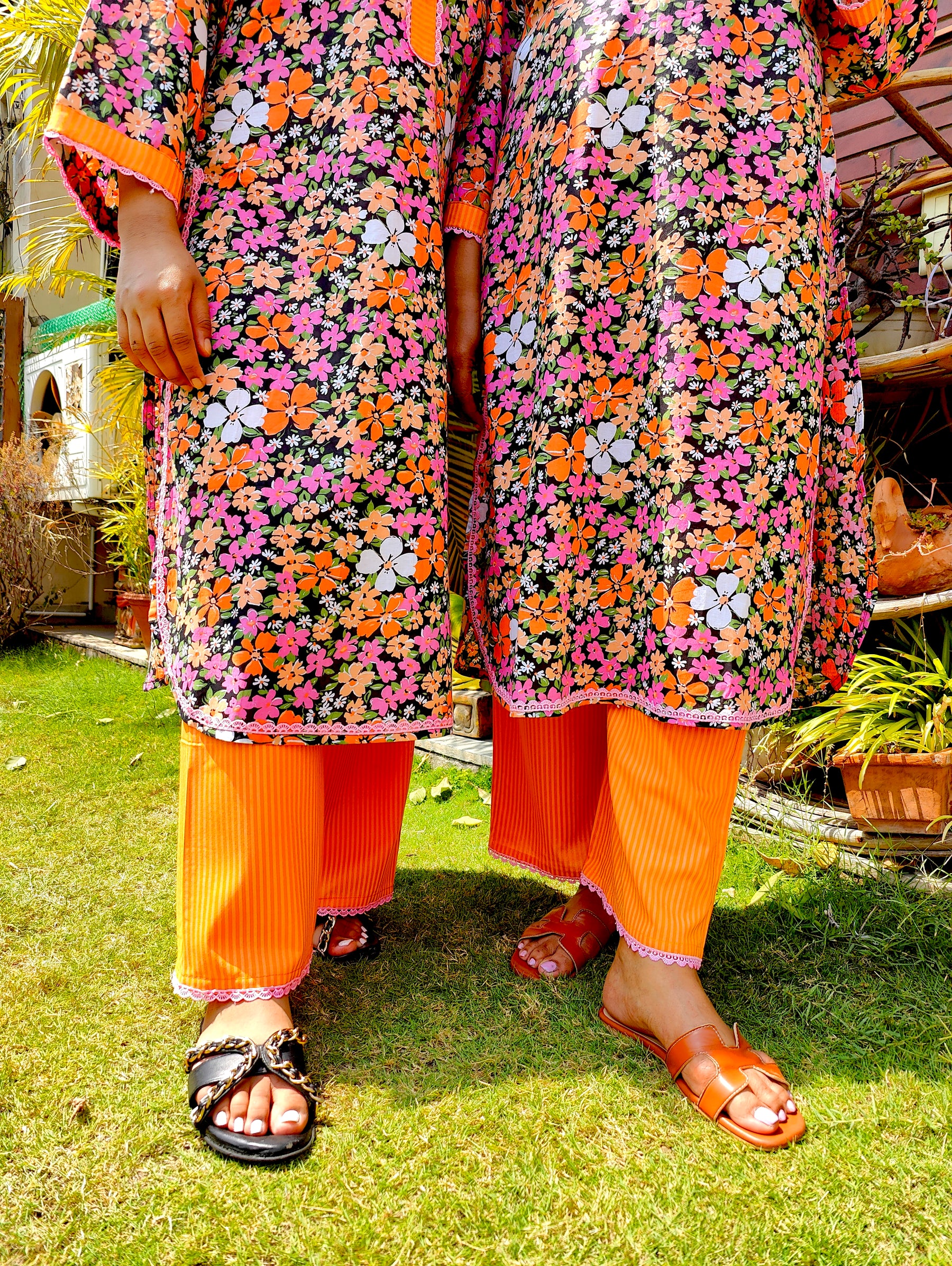 Multi Coloured Floral Pink Lace Cotton Stitched Co-Ord Set