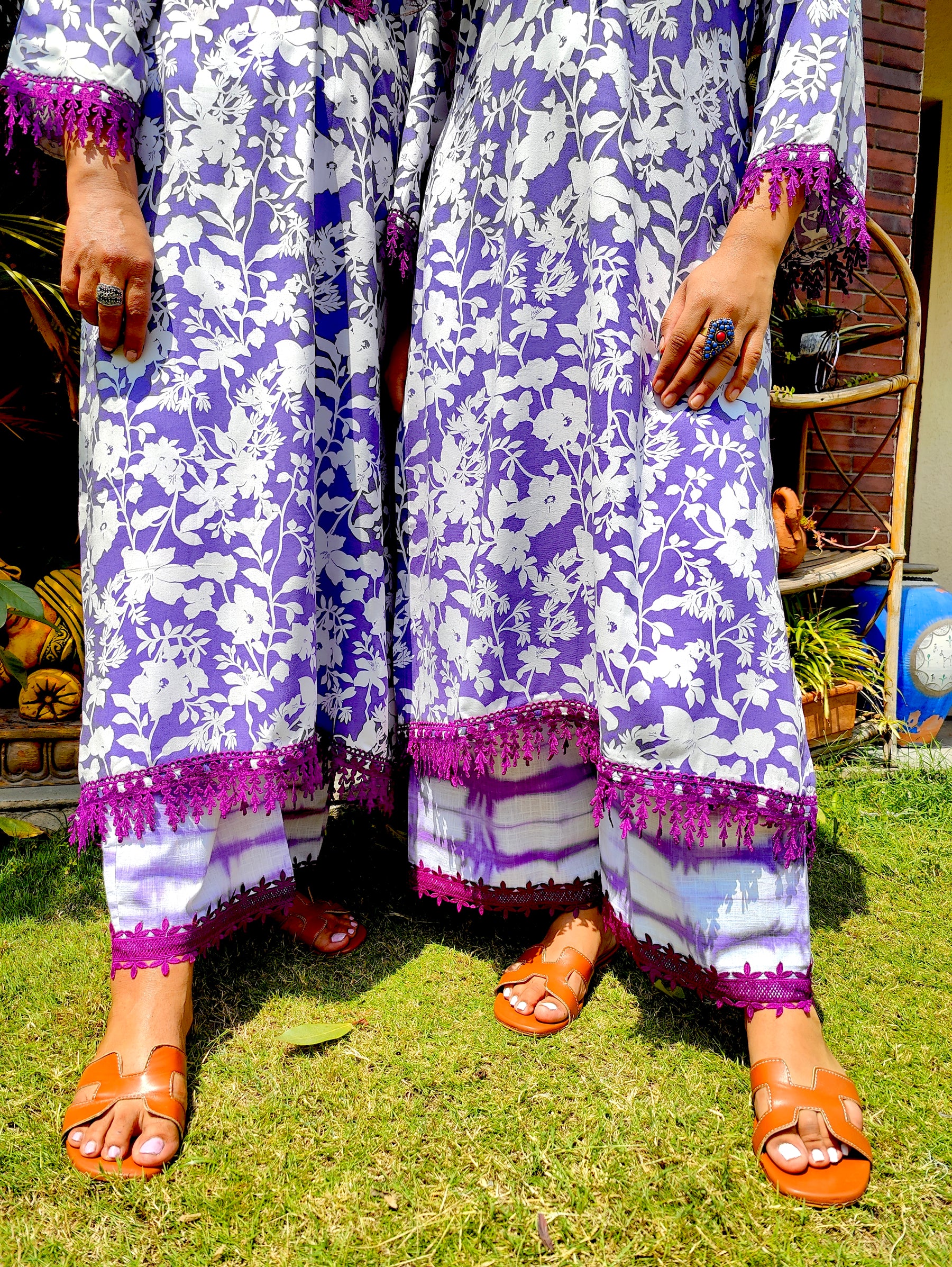 Purple and White Digital Printed Cotton Stitched Co-Ord Set