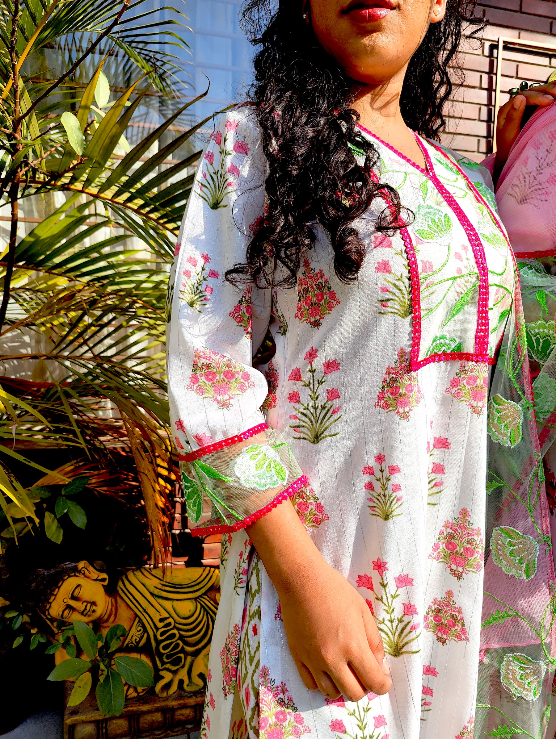 White Digital Printed Green Floral Lace Stitched Suit Set