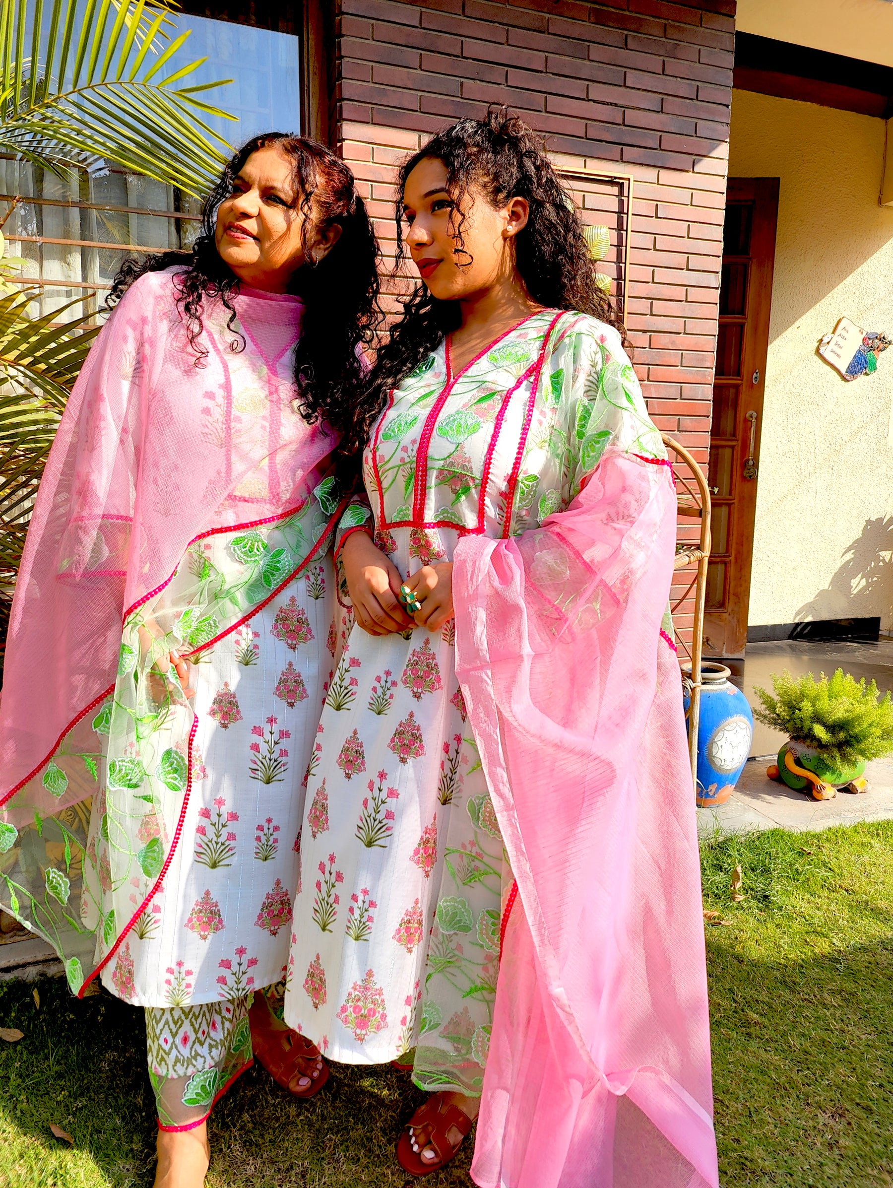 White Digital Printed Green Floral Lace Stitched Suit Set