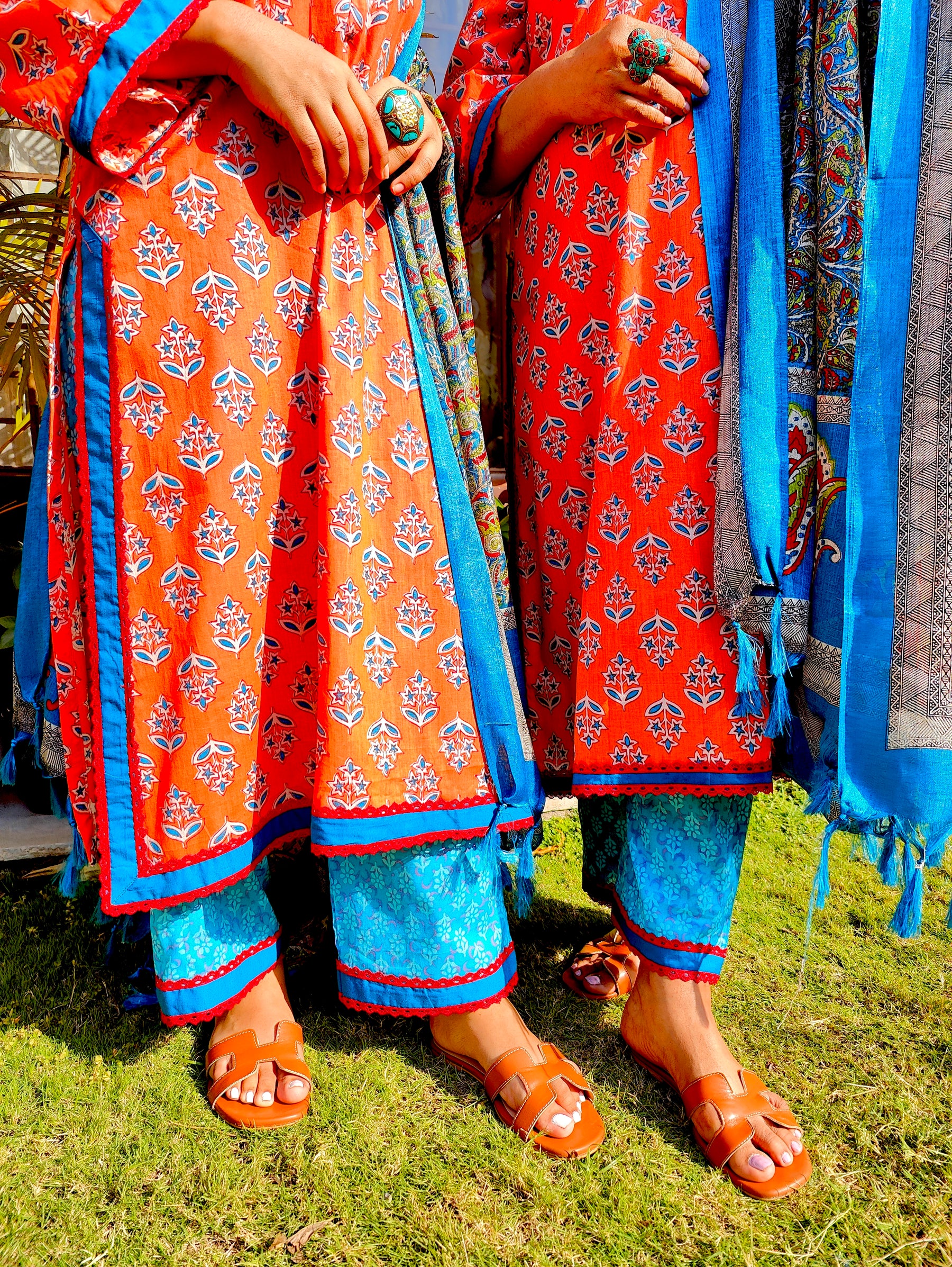 Orange Cotton Digital Printed Stitched Suit Set