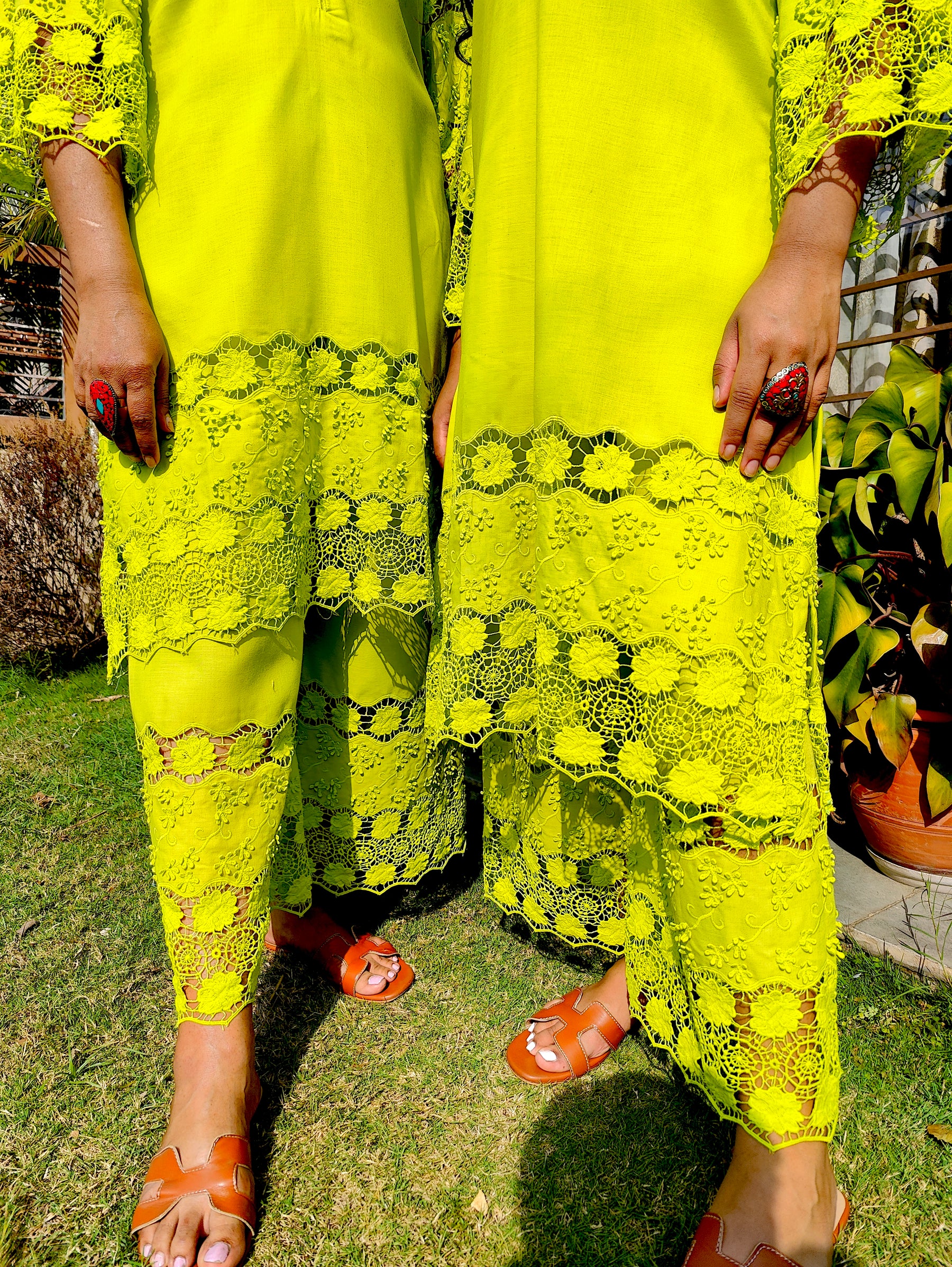 Lime Green Embroidered Cotton Stitched Co-Ord Set