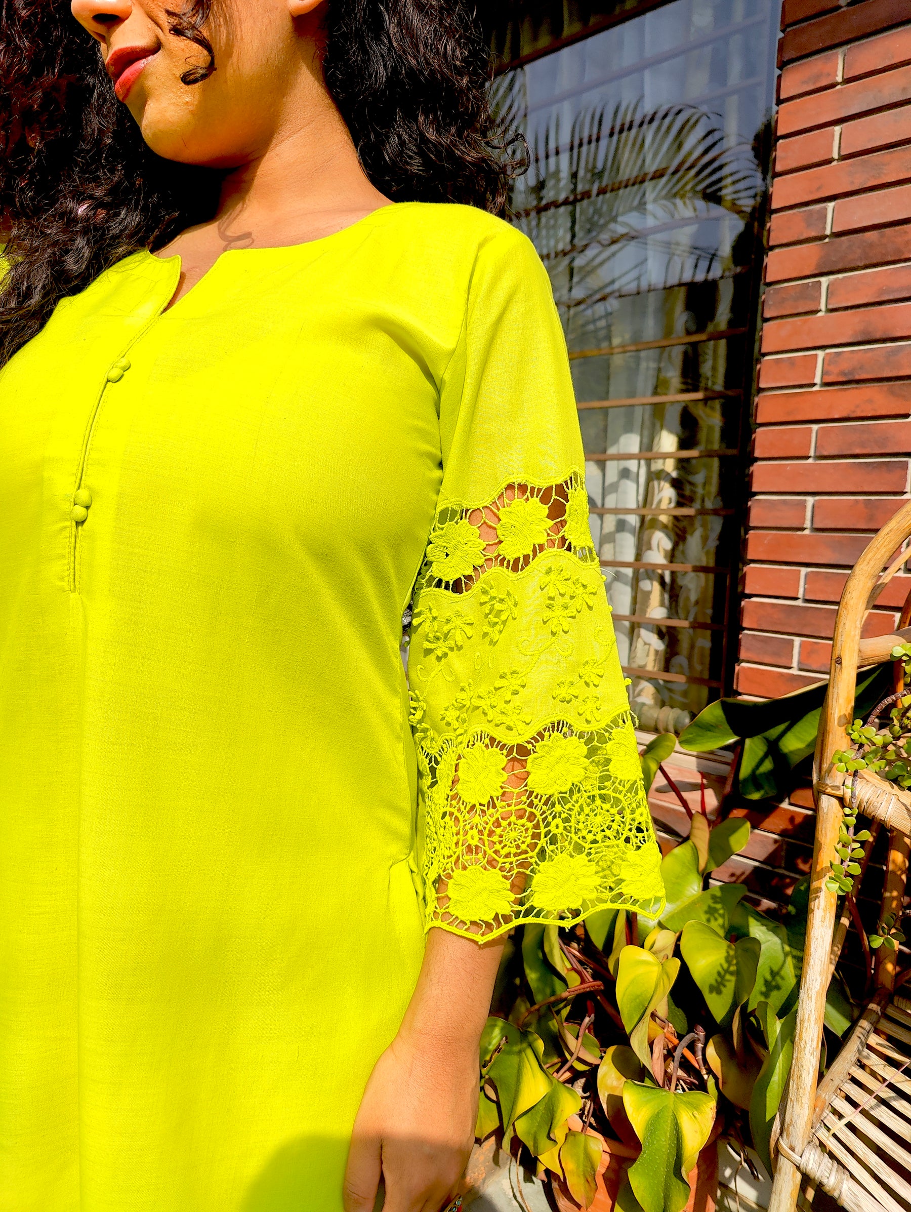Lime Green Embroidered Cotton Stitched Co-Ord Set