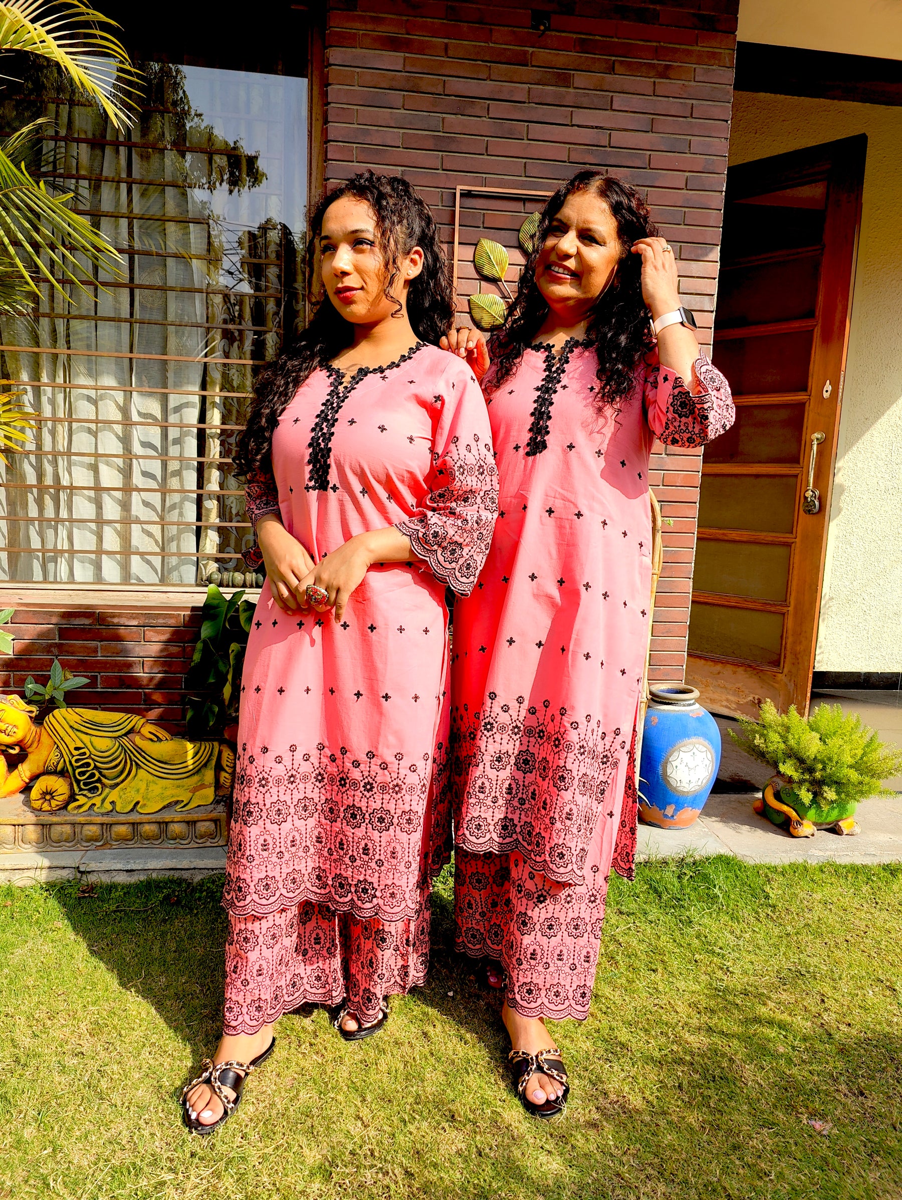 Peach Black Embroidered Cotton Stitched Co-Ord Set