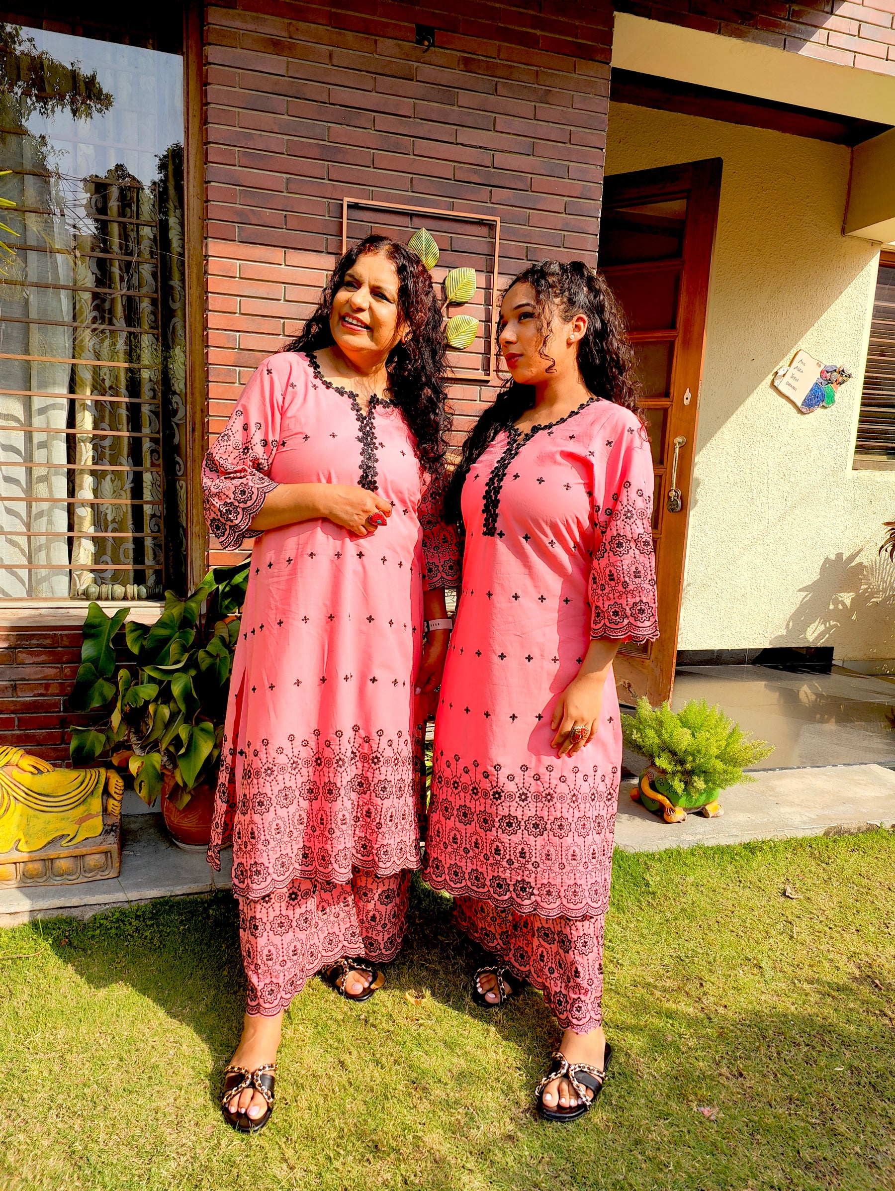 Peach Black Embroidered Cotton Stitched Co-Ord Set