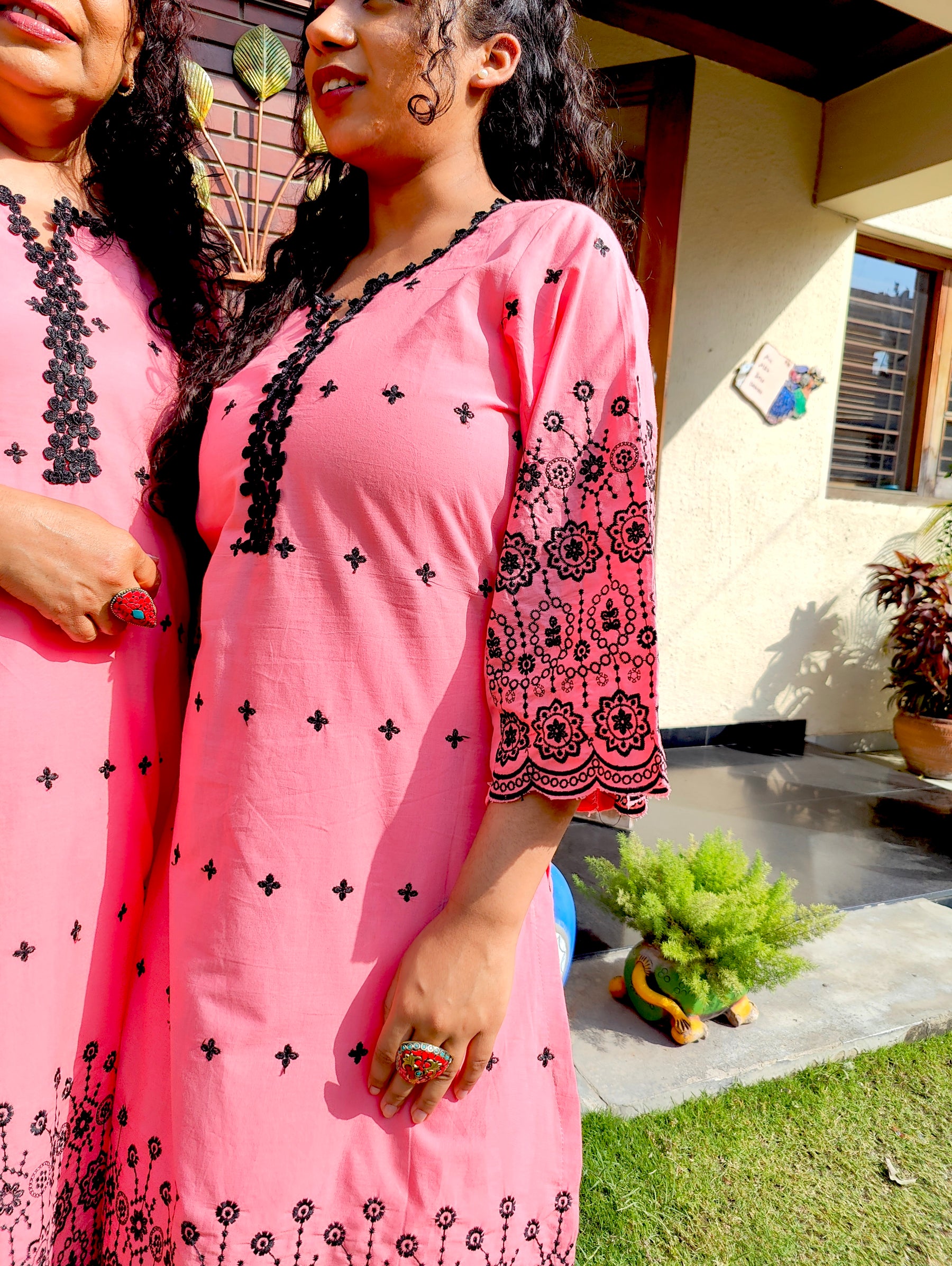 Peach Black Embroidered Cotton Stitched Co-Ord Set