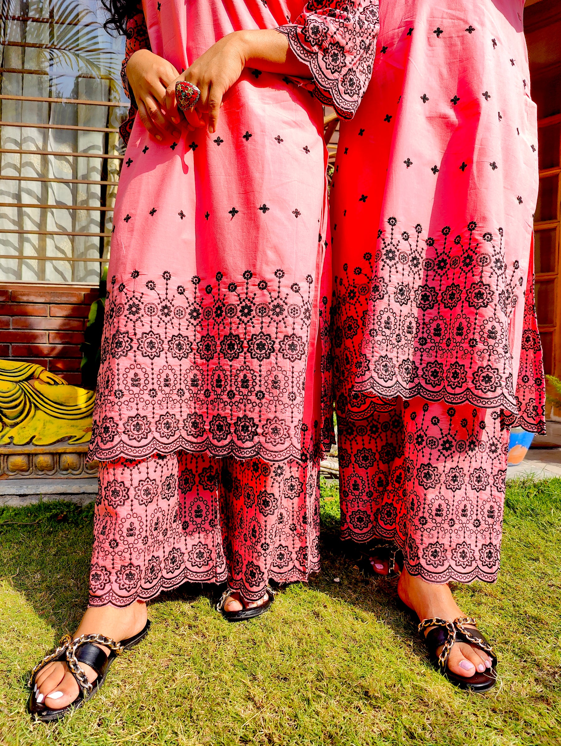Peach Black Embroidered Cotton Stitched Co-Ord Set