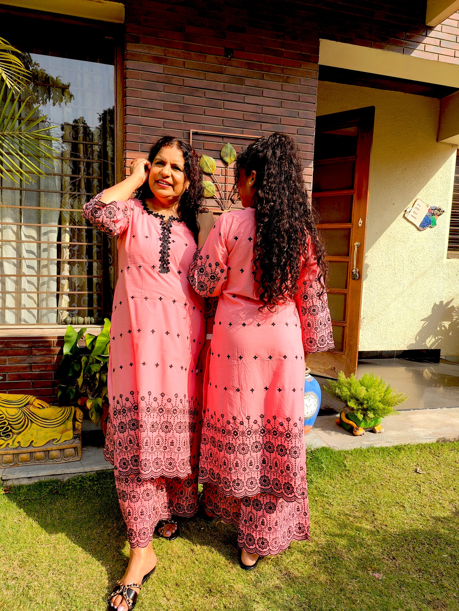 Peach Black Embroidered Cotton Stitched Co-Ord Set