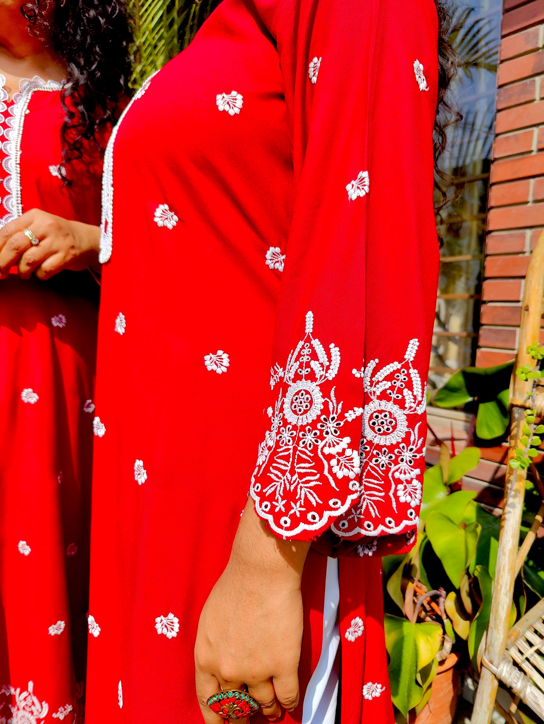 Red Embroidered Cotton Stitched Co-Ord Set