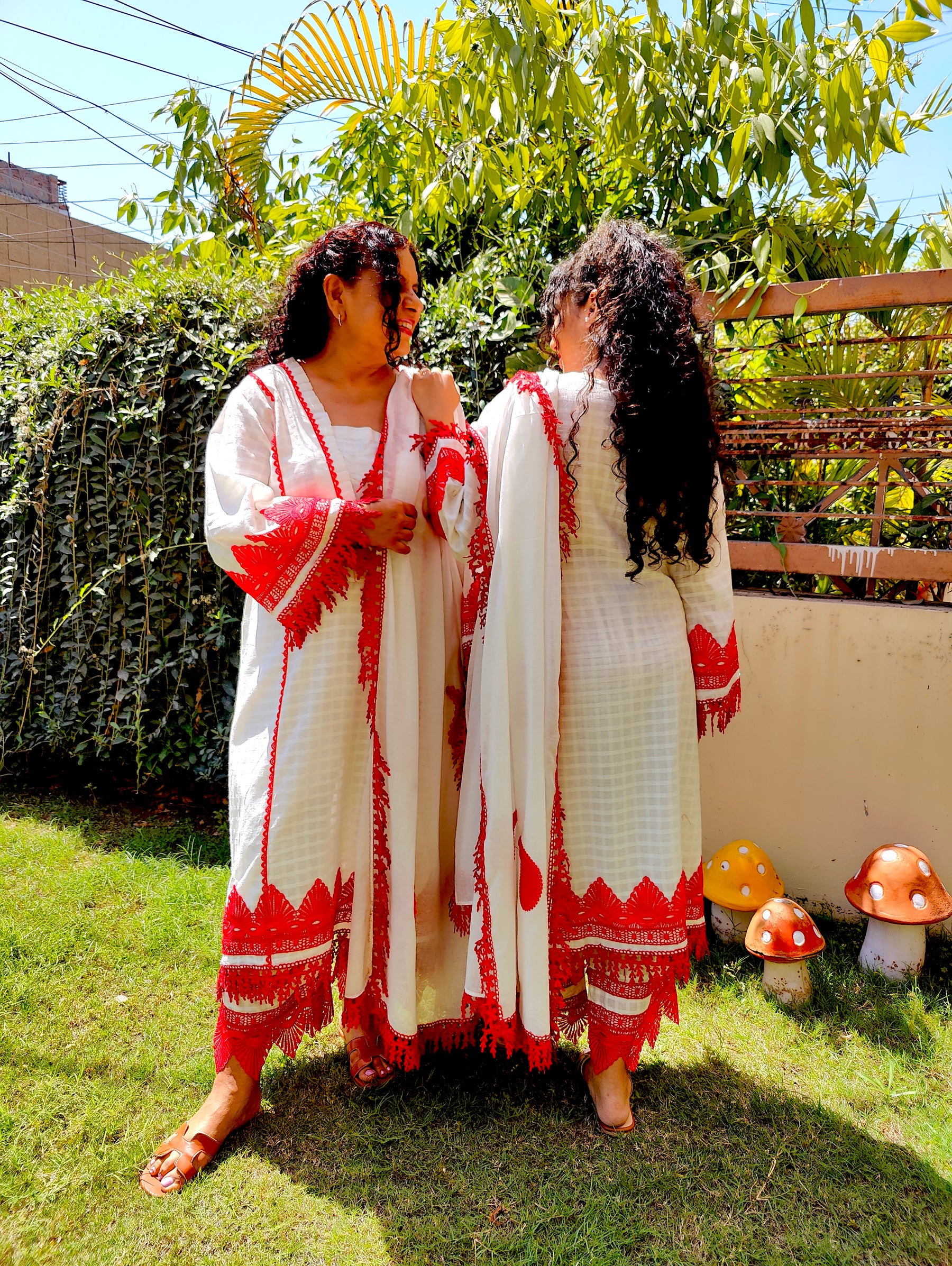 White Cotton Red Lace Paisley Stitched Suit Set
