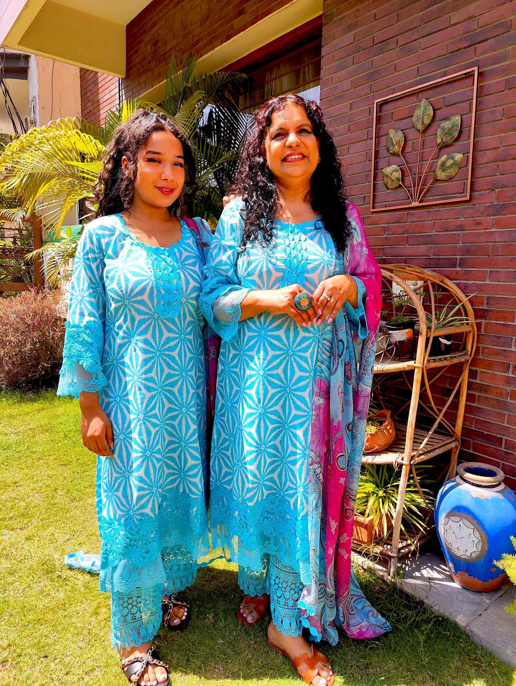 Sky Blue Cotton Italian Lace Stitched Suit Set