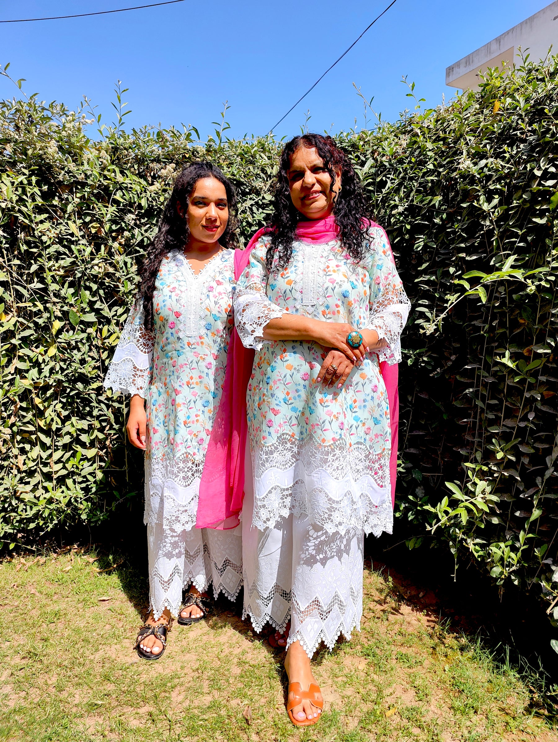 Green White Pakistani Lace Cotton Handblock Stitched Suit Set