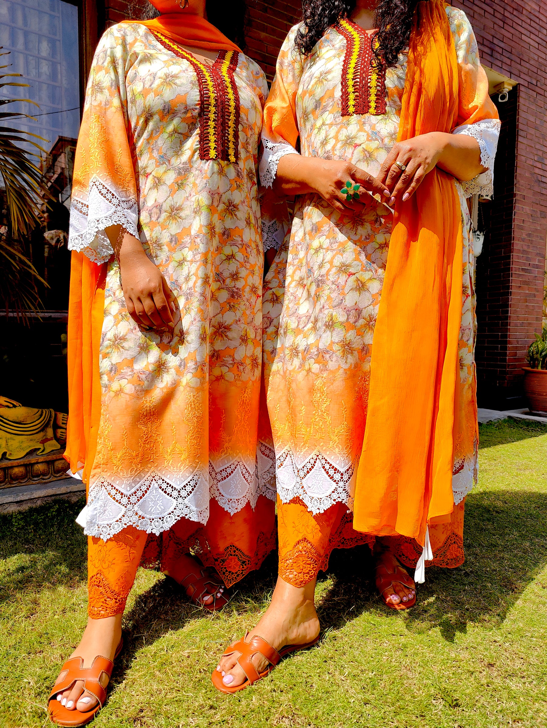 Yellow Pakistani Digital Printed Brown Lace Cotton Stitched Suit Set