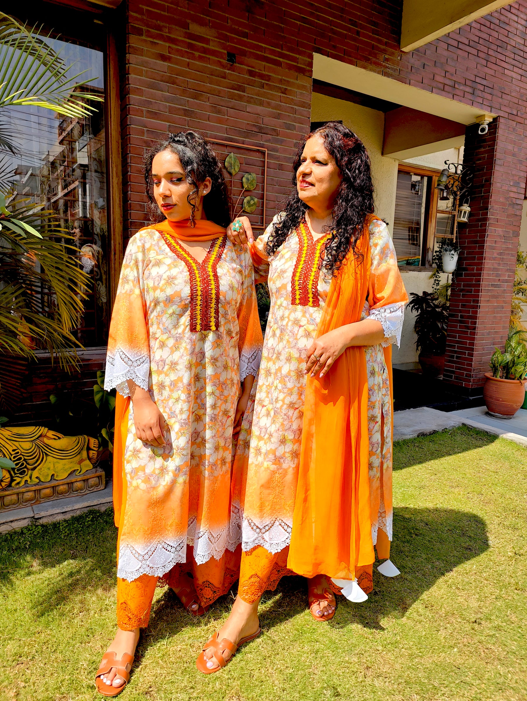 Yellow Pakistani Digital Printed Brown Lace Cotton Stitched Suit Set