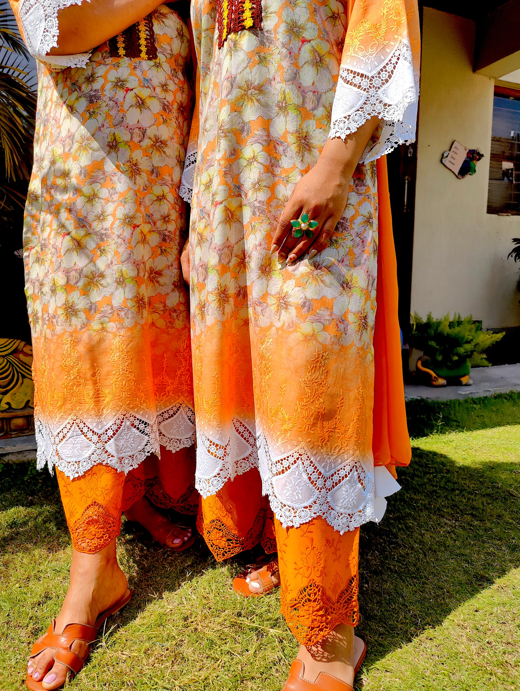 Yellow Pakistani Digital Printed Brown Lace Cotton Stitched Suit Set