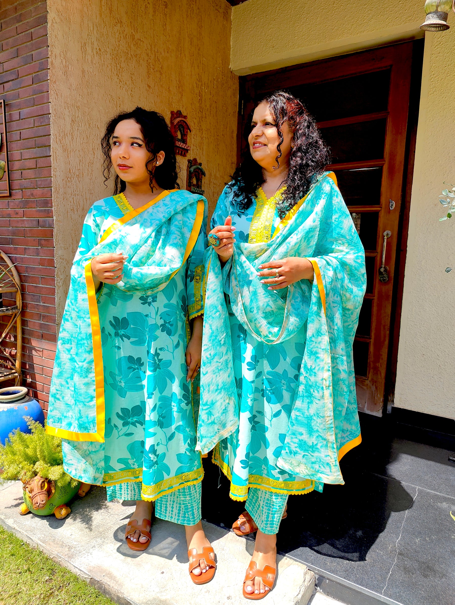 Green Blue Cotton Yellow Lace Stitched Suit Set