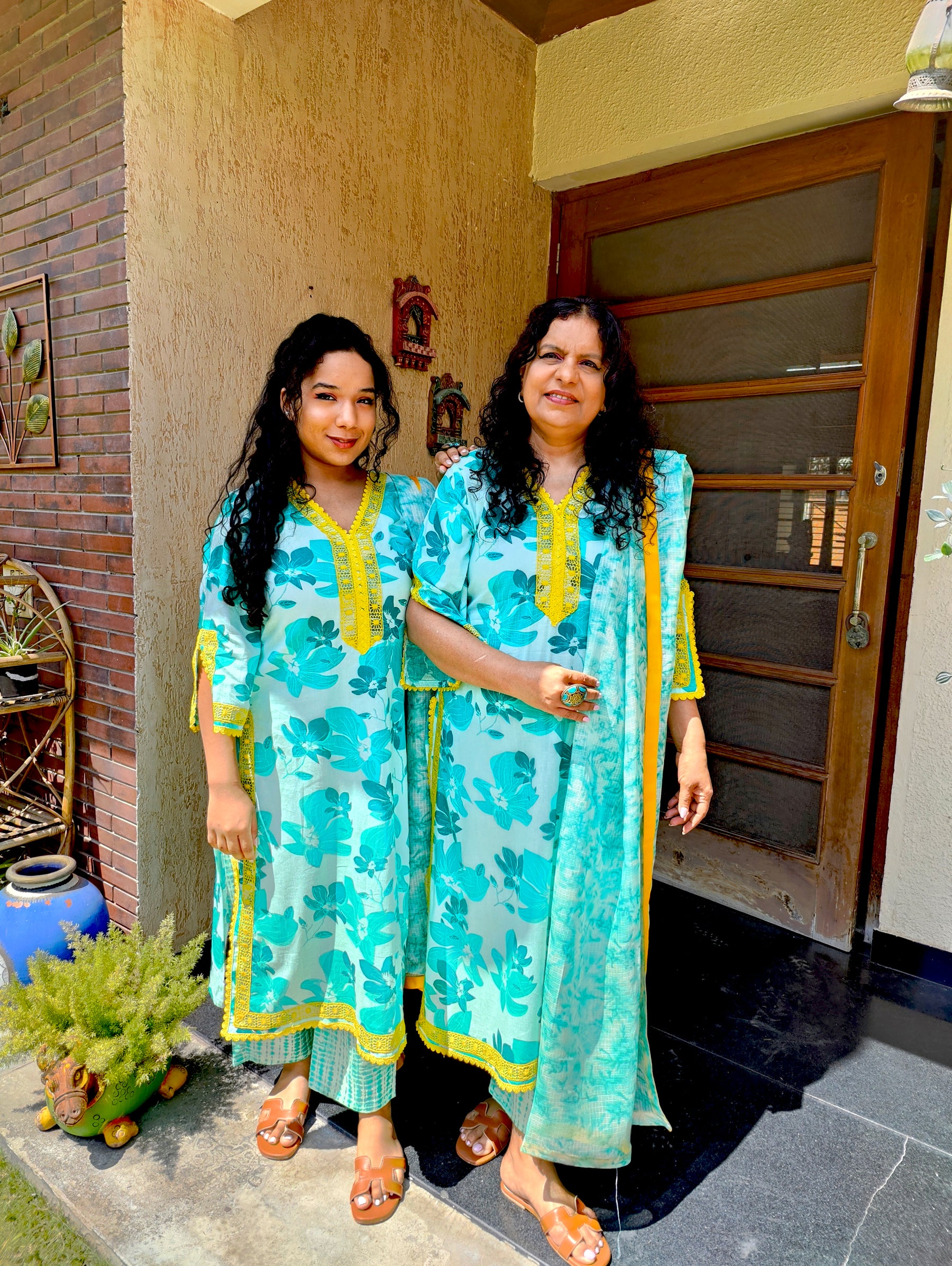 Green Blue Cotton Yellow Lace Stitched Suit Set