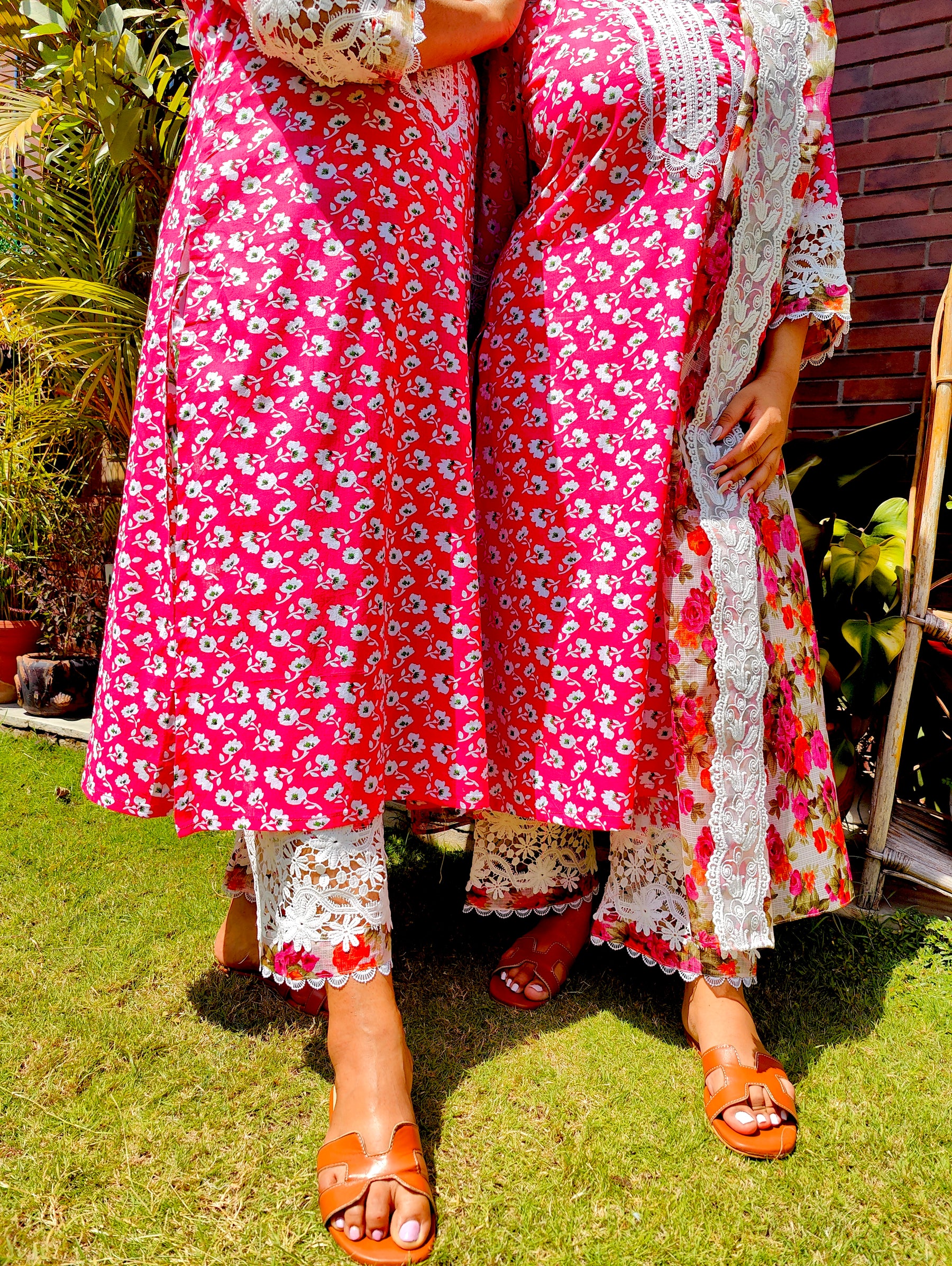 Magenta Cotton White Italian Lace Stitched Suit Set