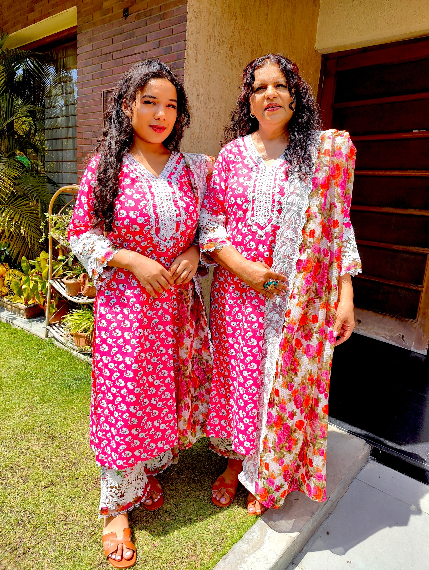 Magenta Cotton White Italian Lace Stitched Suit Set