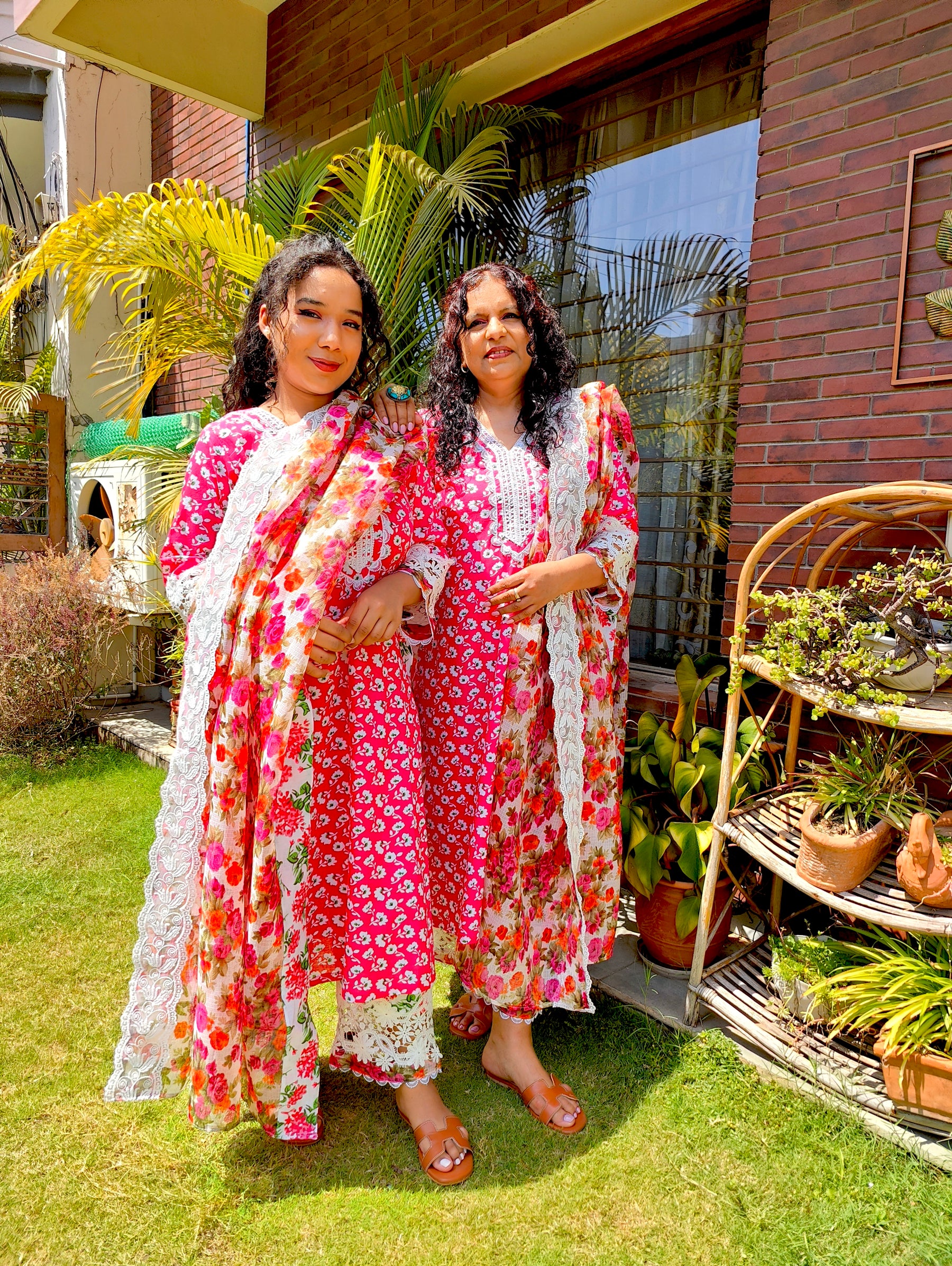 Magenta Cotton White Italian Lace Stitched Suit Set
