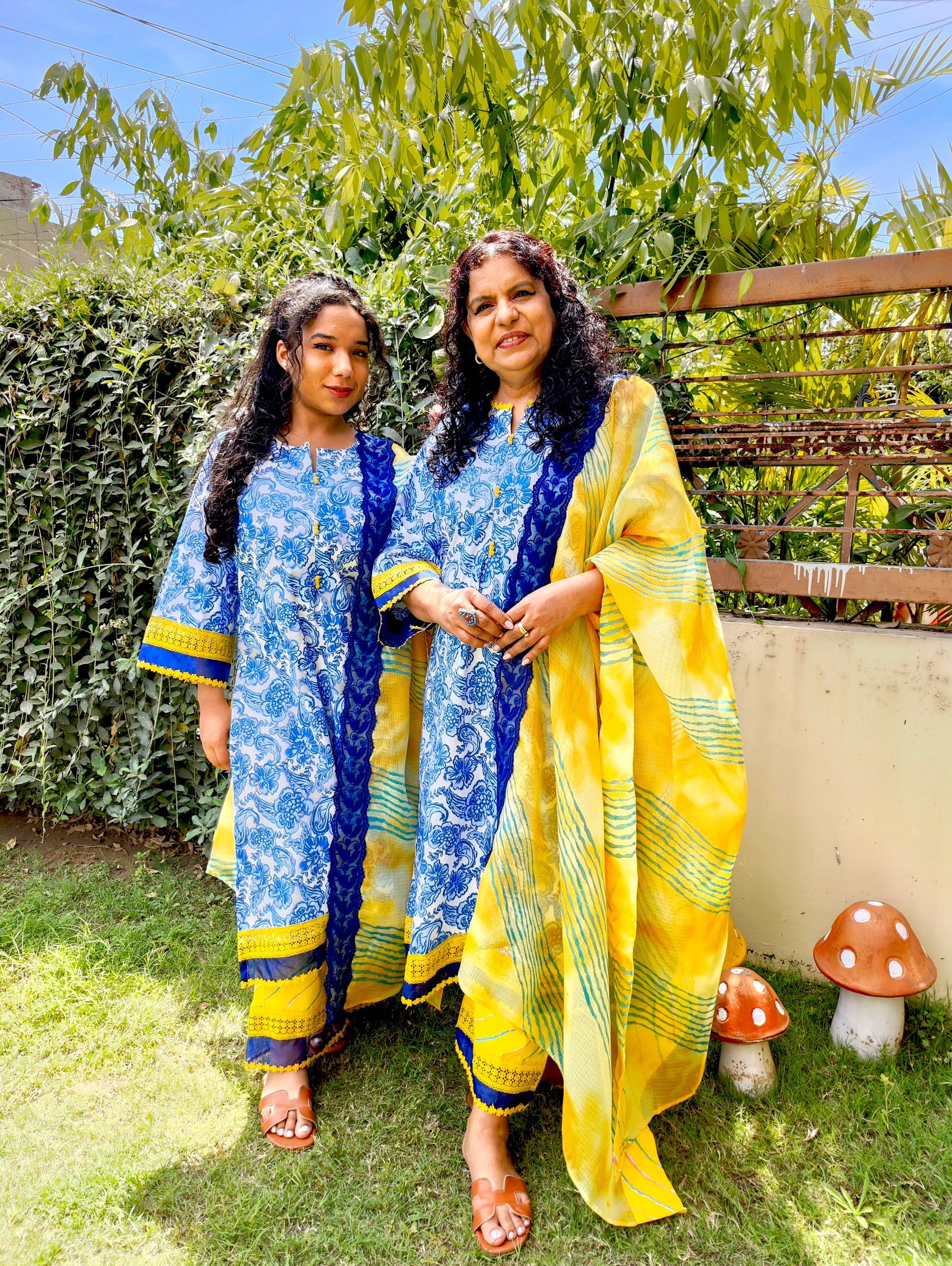 Blue Digital Printed Yellow Lace Cotton Stitched Suit Set