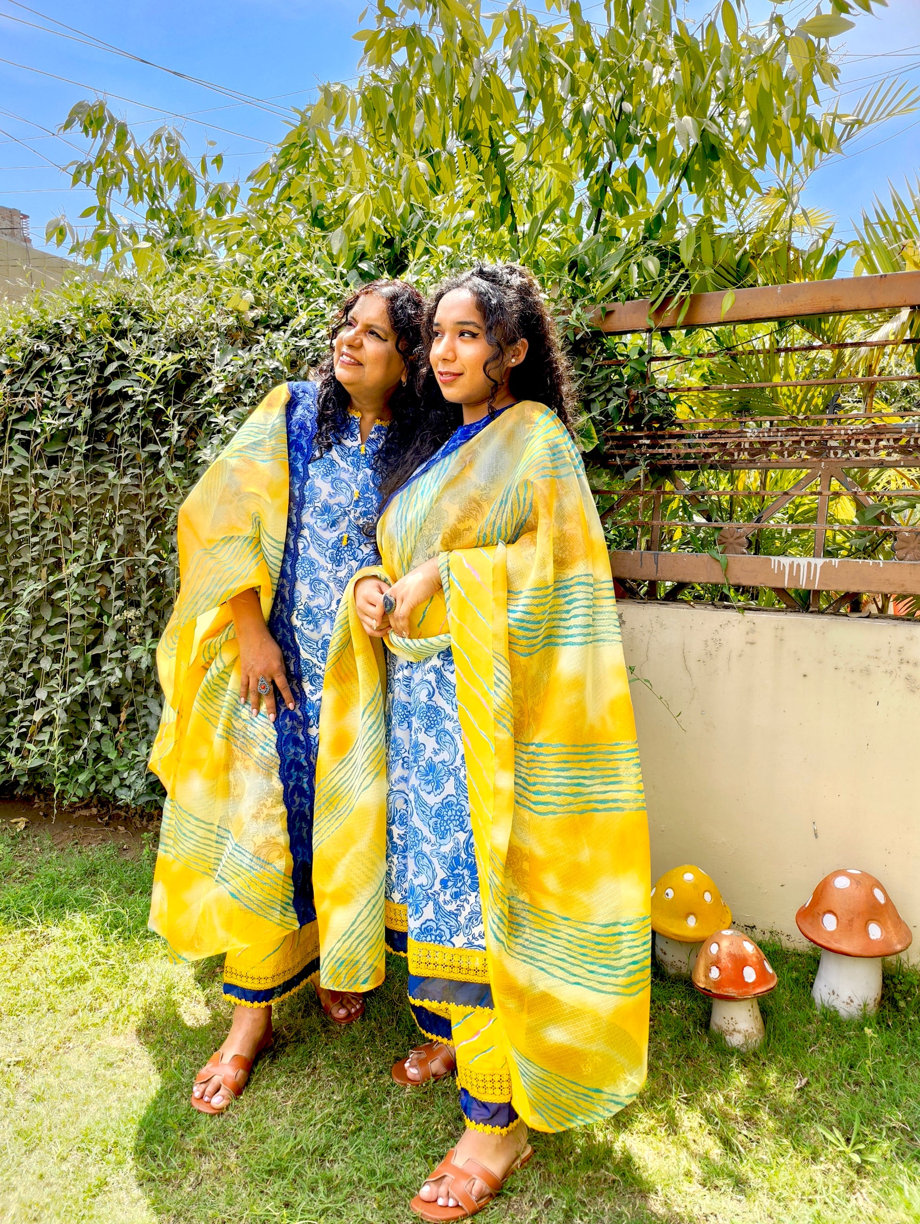 Blue Digital Printed Yellow Lace Cotton Stitched Suit Set