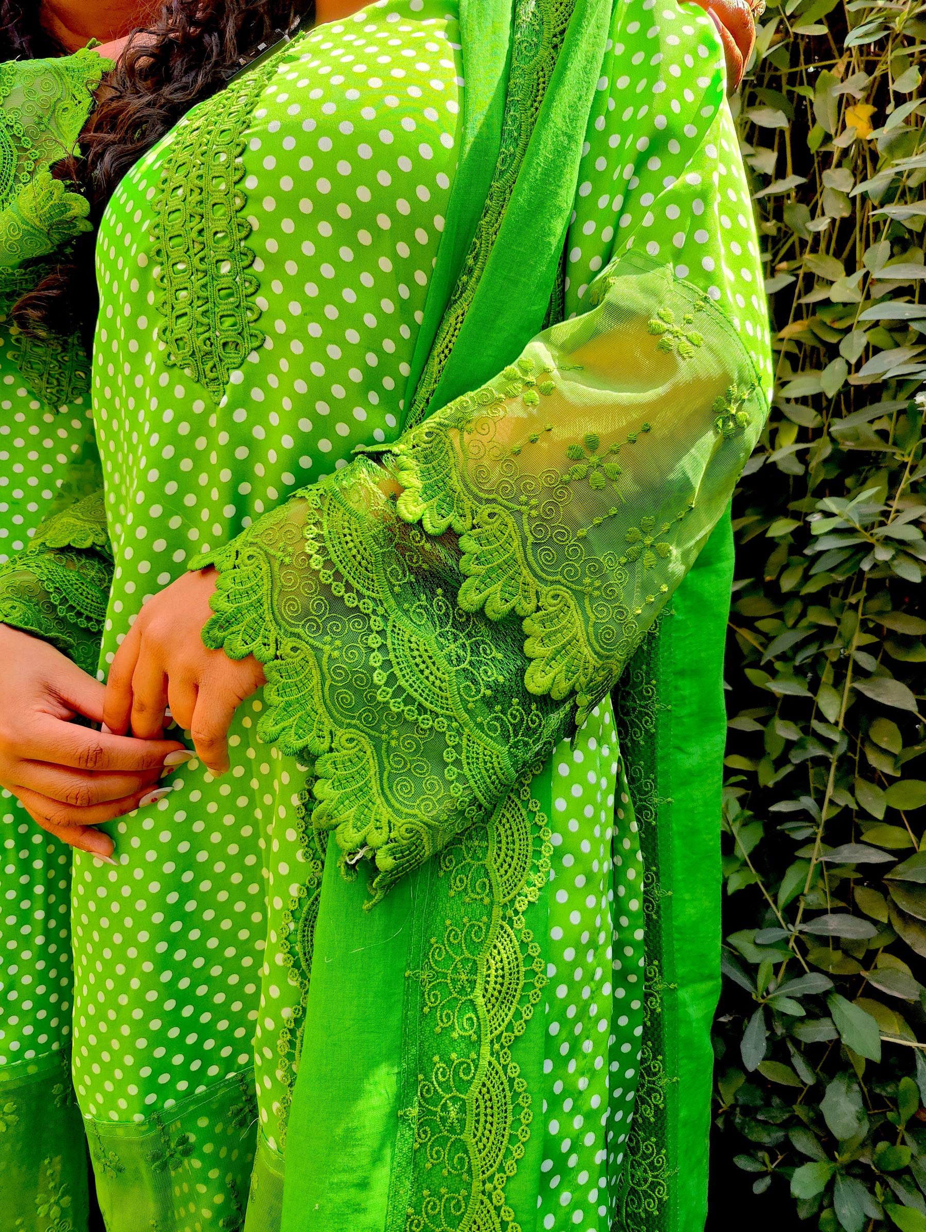 Green Polka Dot Satin Silk Stitched Suit Set