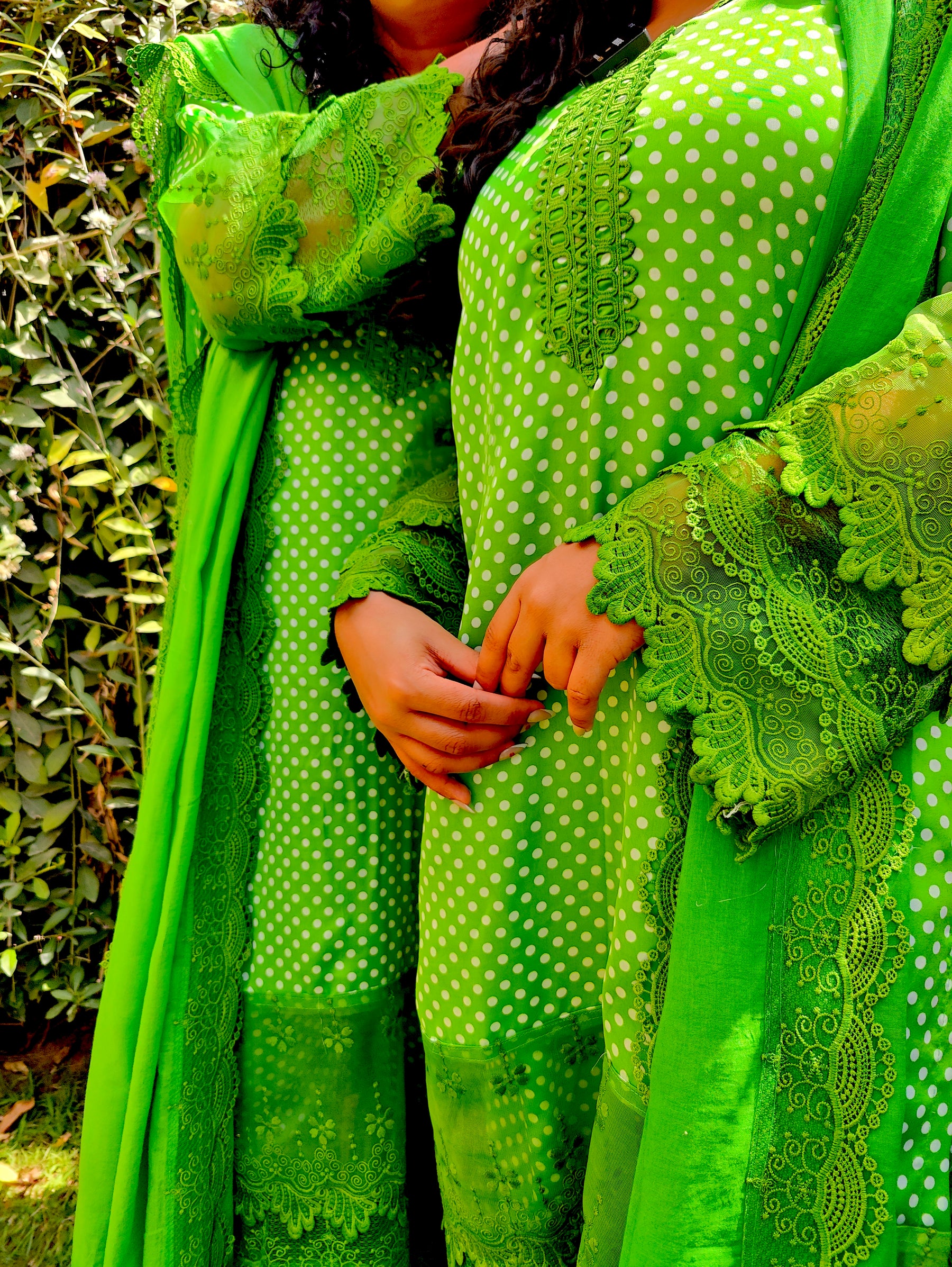 Green Polka Dot Satin Silk Stitched Suit Set