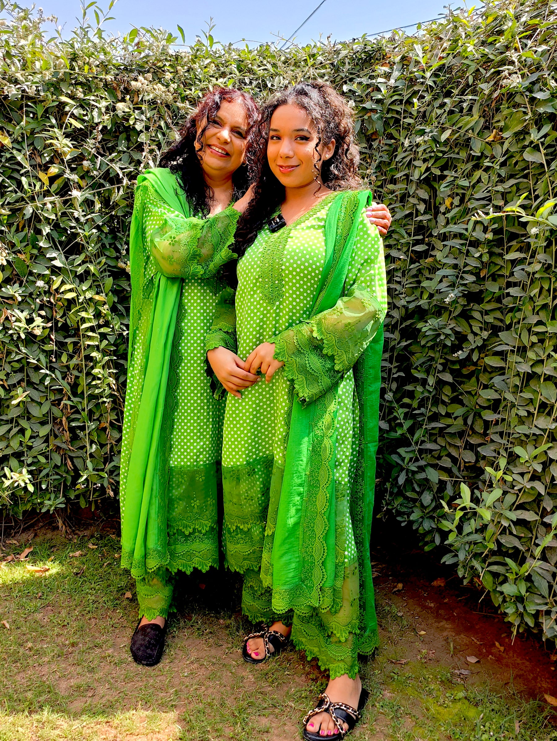 Green Polka Dot Satin Silk Stitched Suit Set