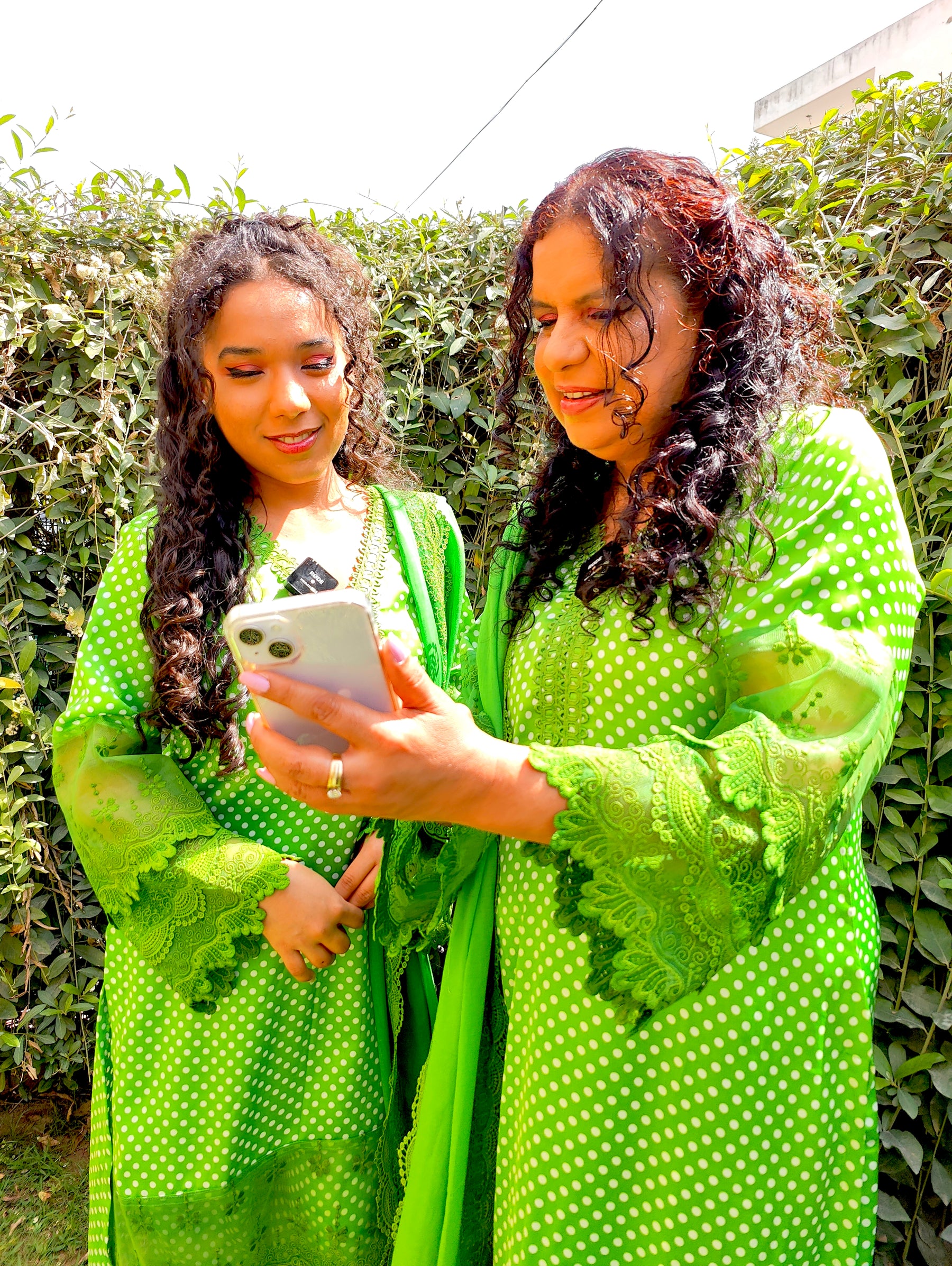 Green Polka Dot Satin Silk Stitched Suit Set