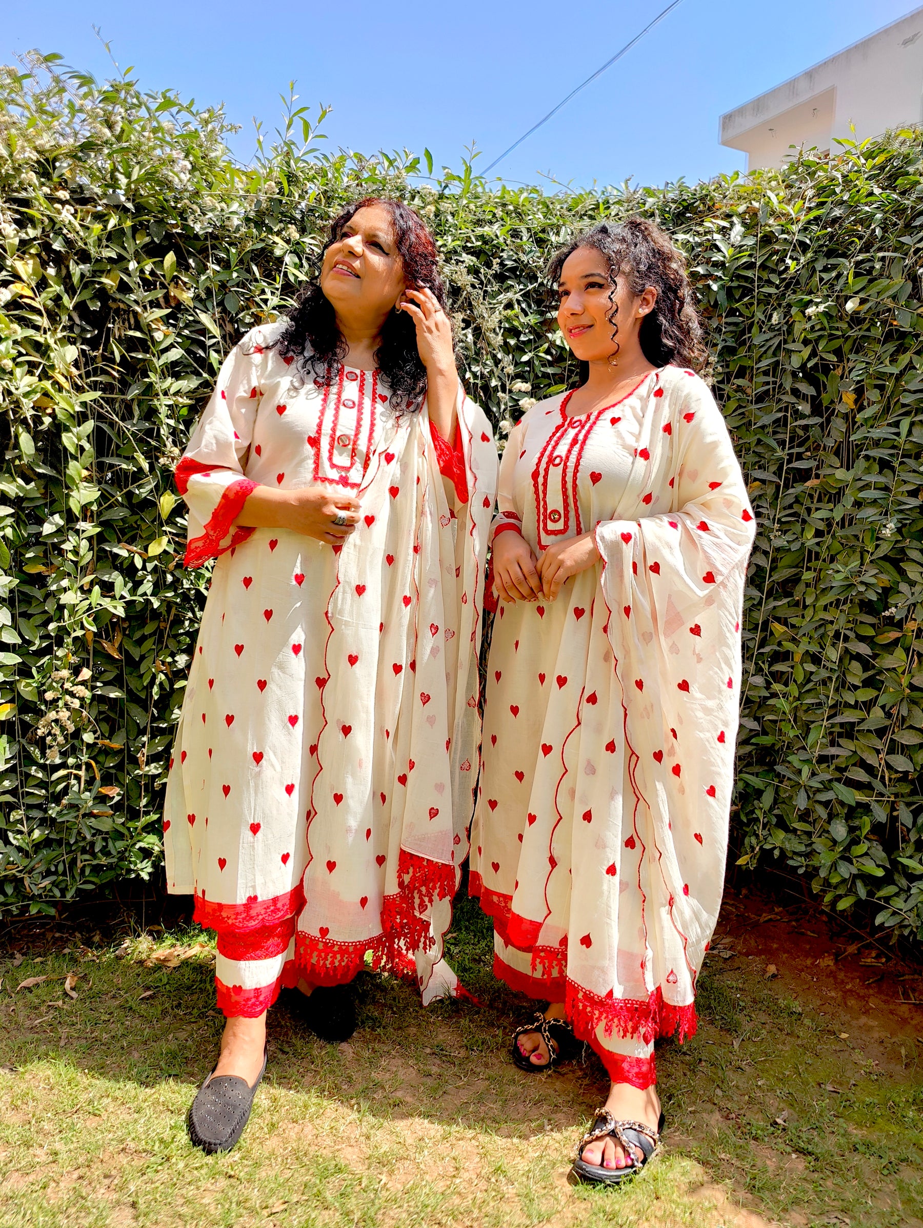Cream Heart Embroidered Mirror Stitched Suit Set