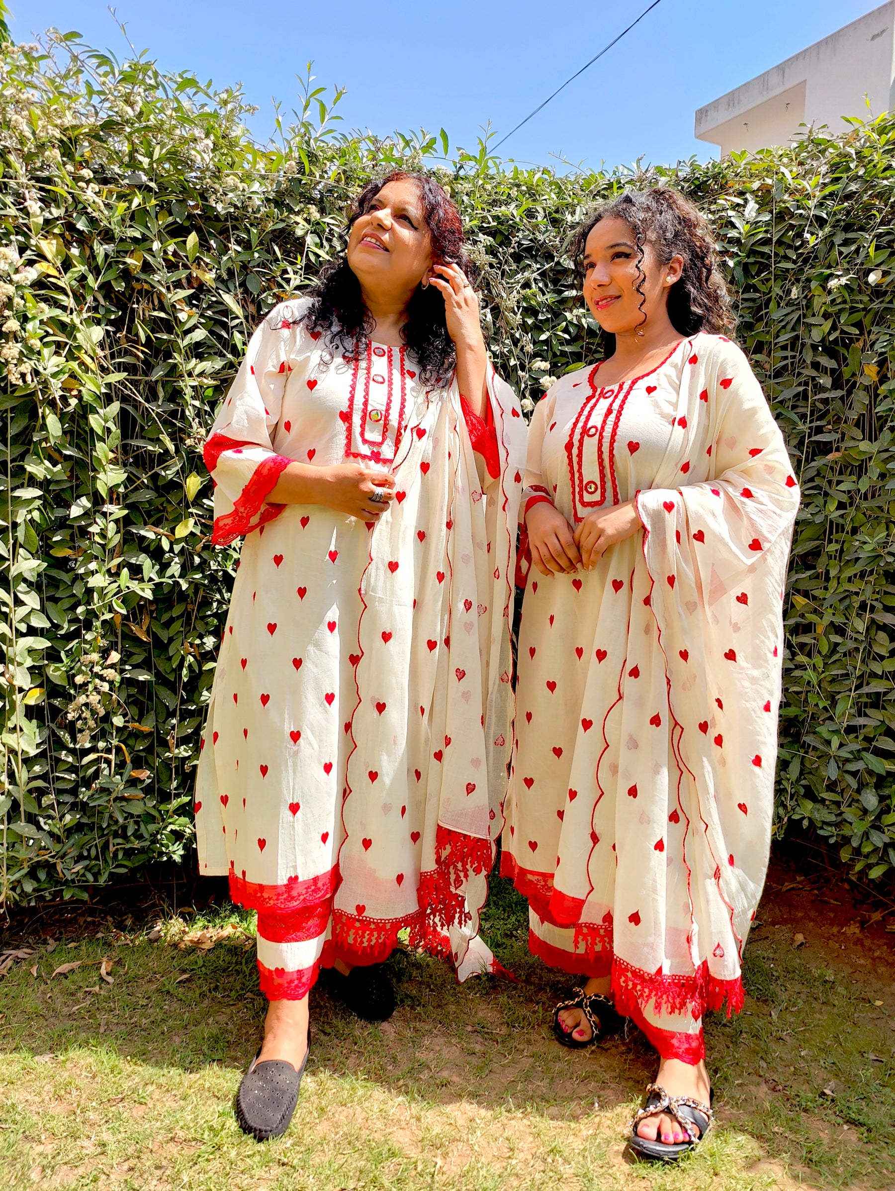 Cream Heart Embroidered Mirror Stitched Suit Set