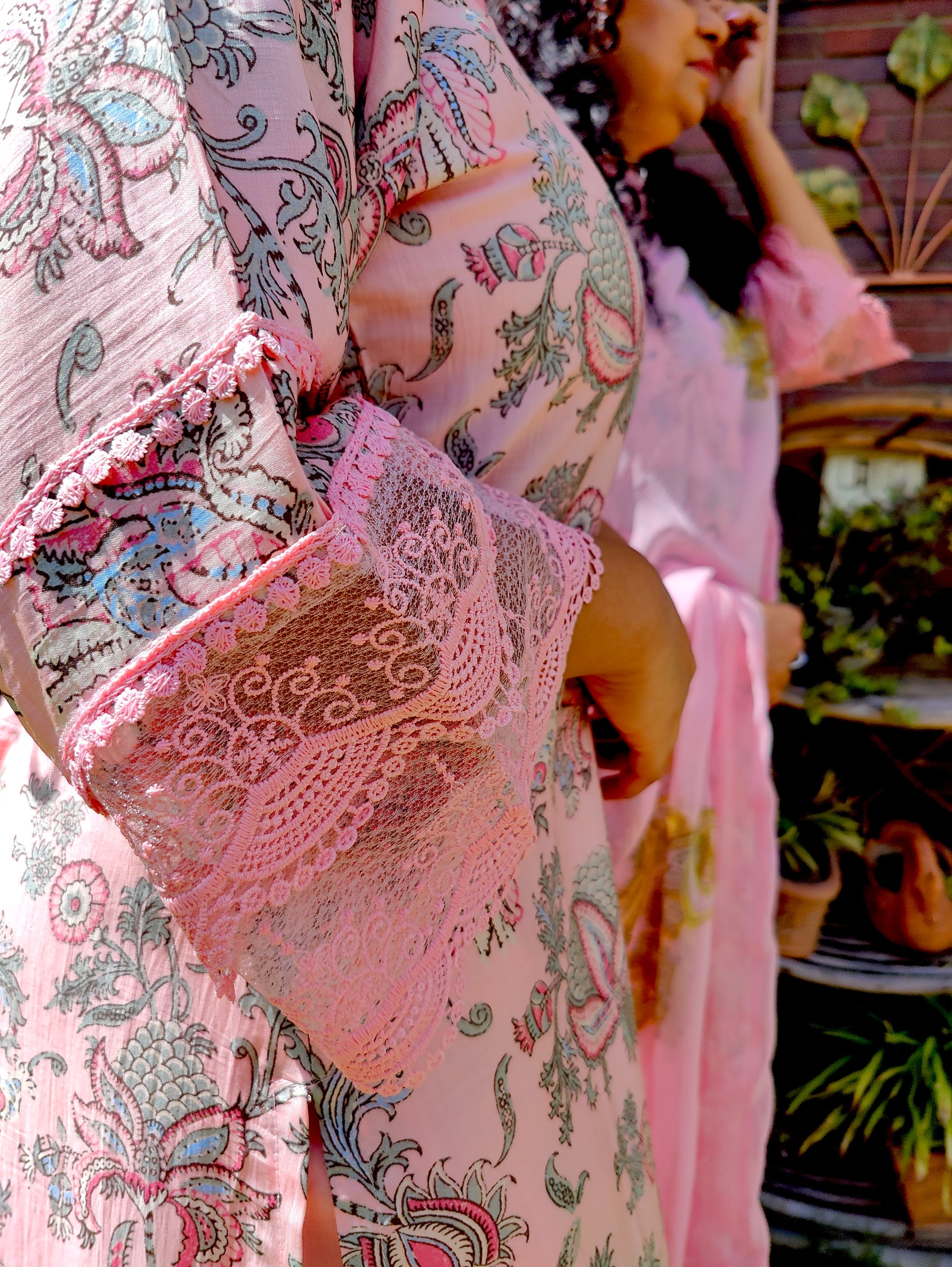 Peach Handblock Cotton Italian Lace Stitched Suit Set