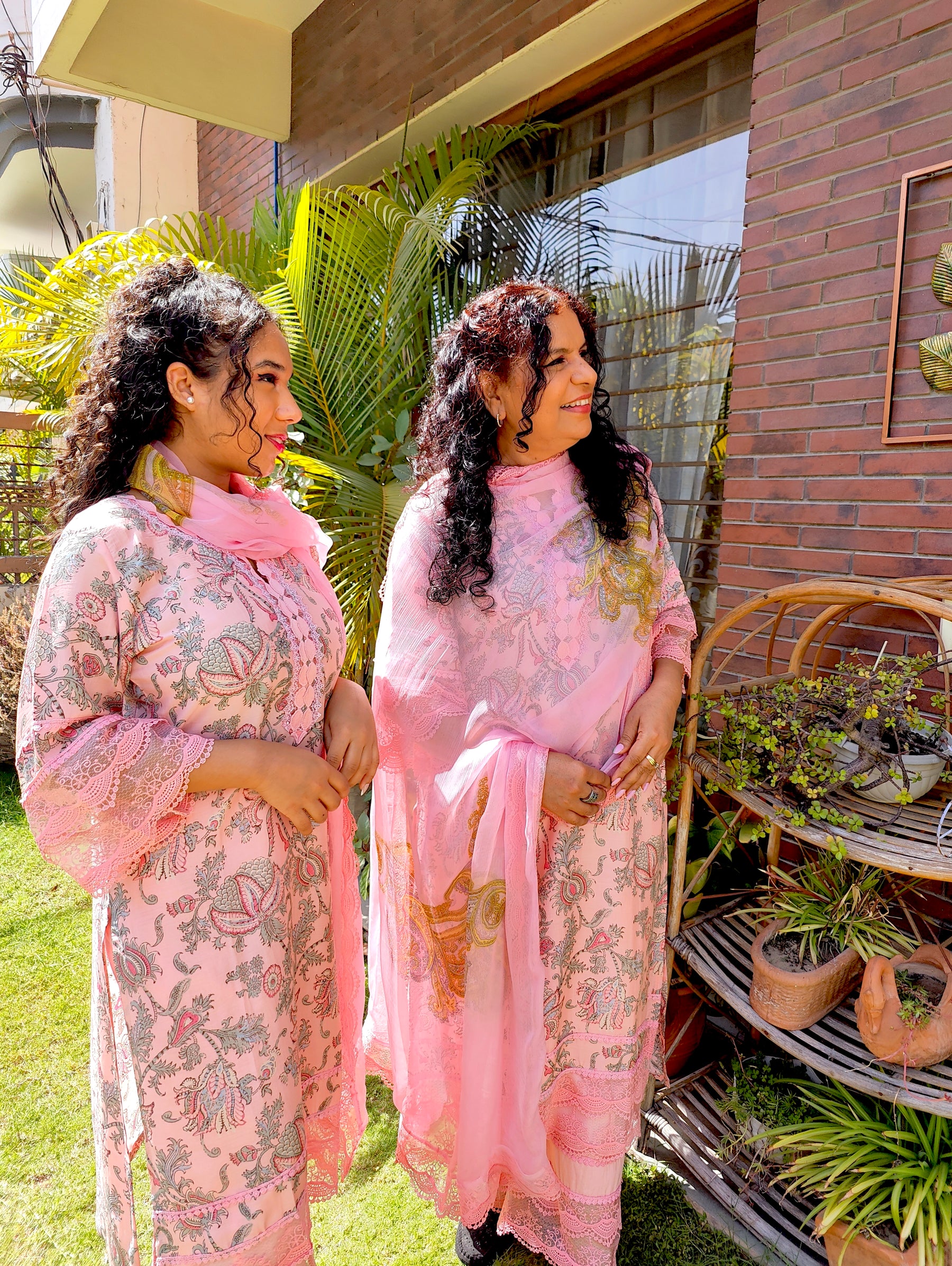 Peach Handblock Cotton Italian Lace Stitched Suit Set