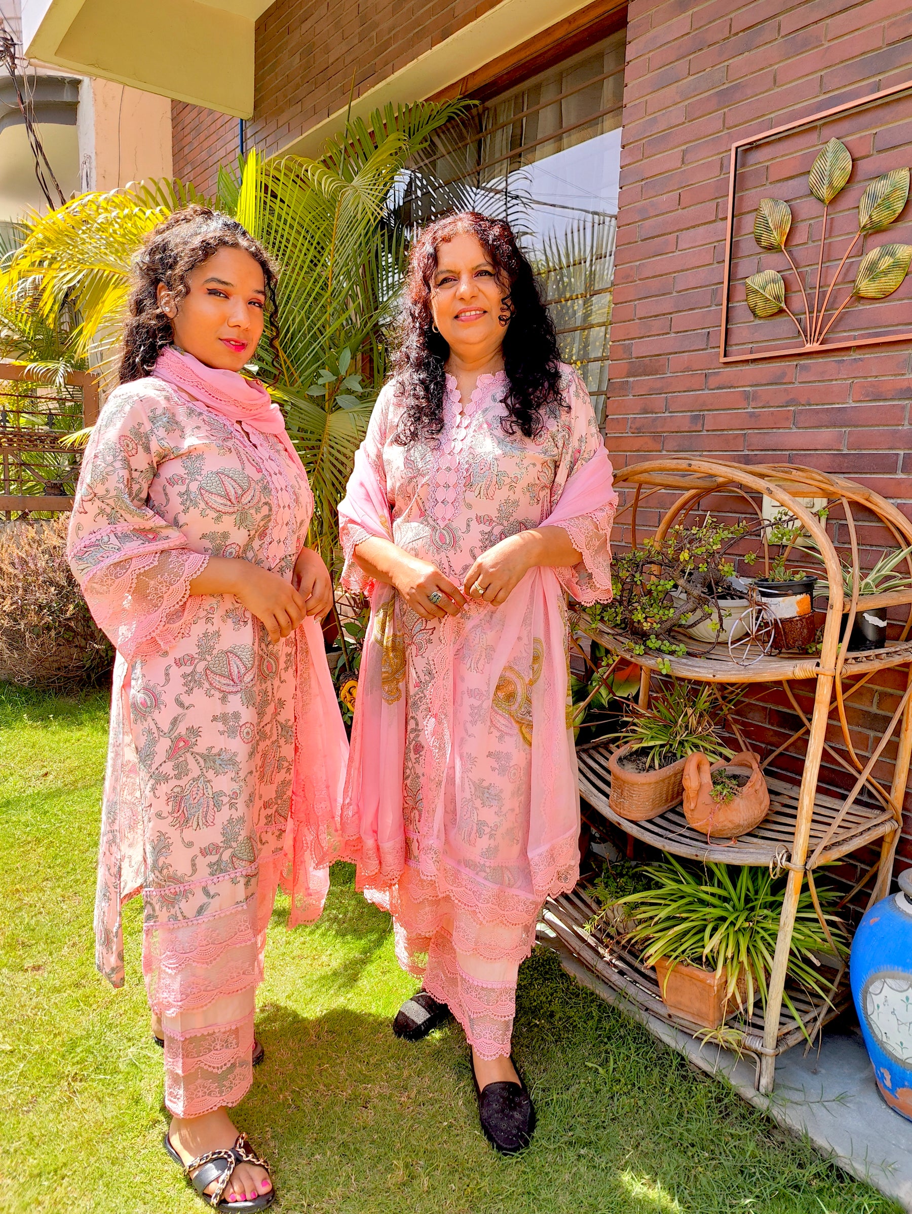Peach Handblock Cotton Italian Lace Stitched Suit Set