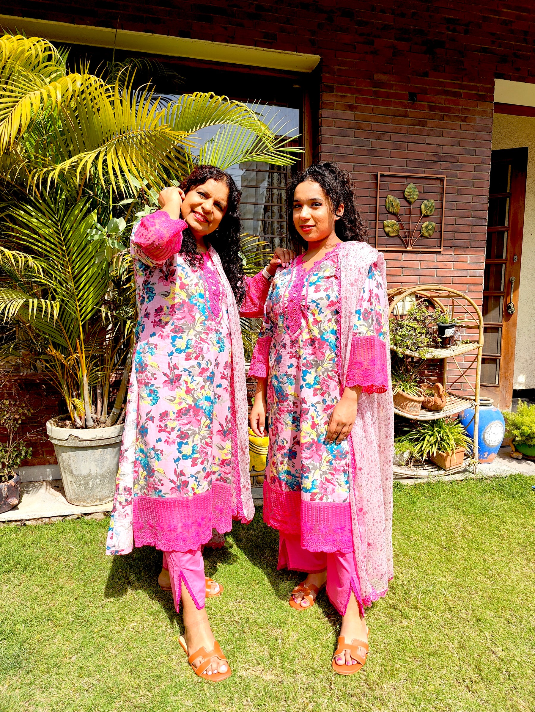 Pink Floral Handblock Magenta Lace Stitched Suit Set