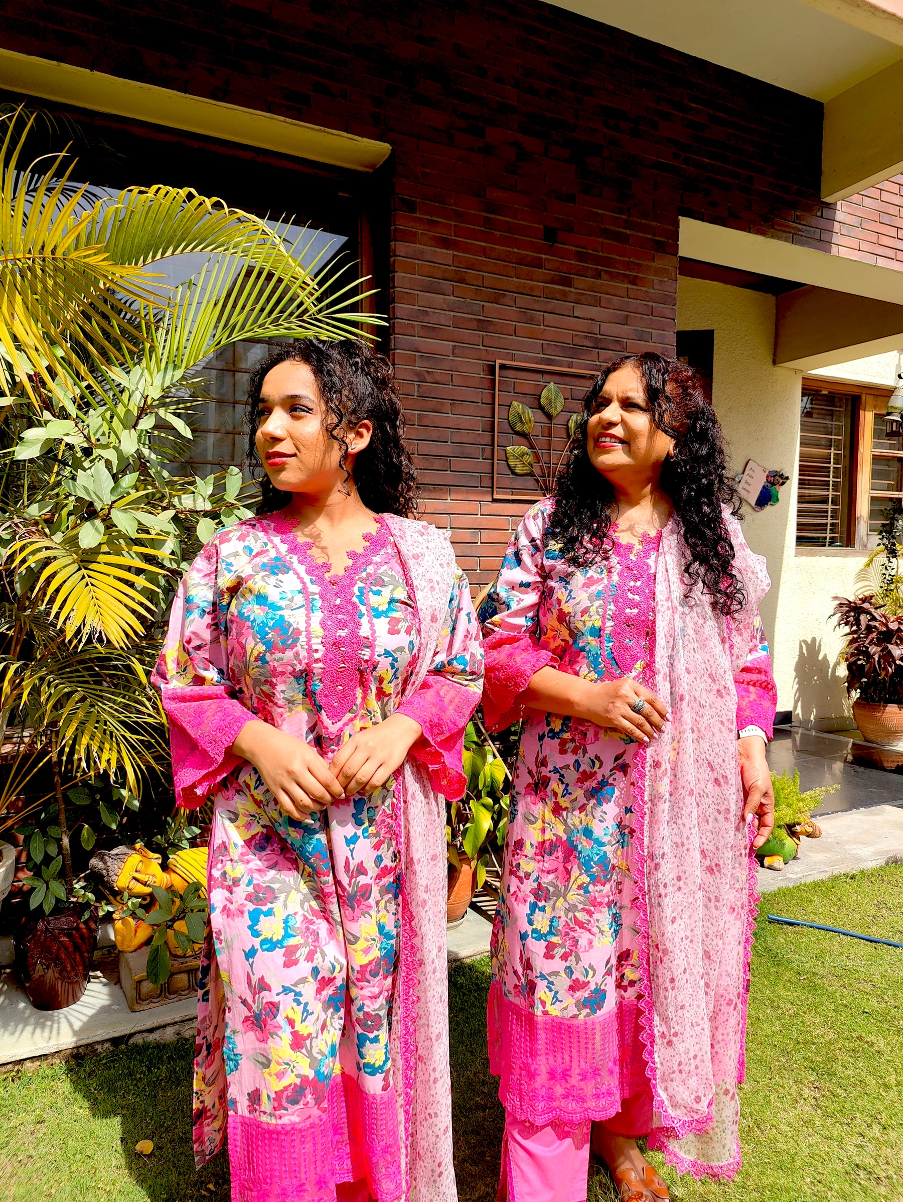 Pink Floral Handblock Magenta Lace Stitched Suit Set