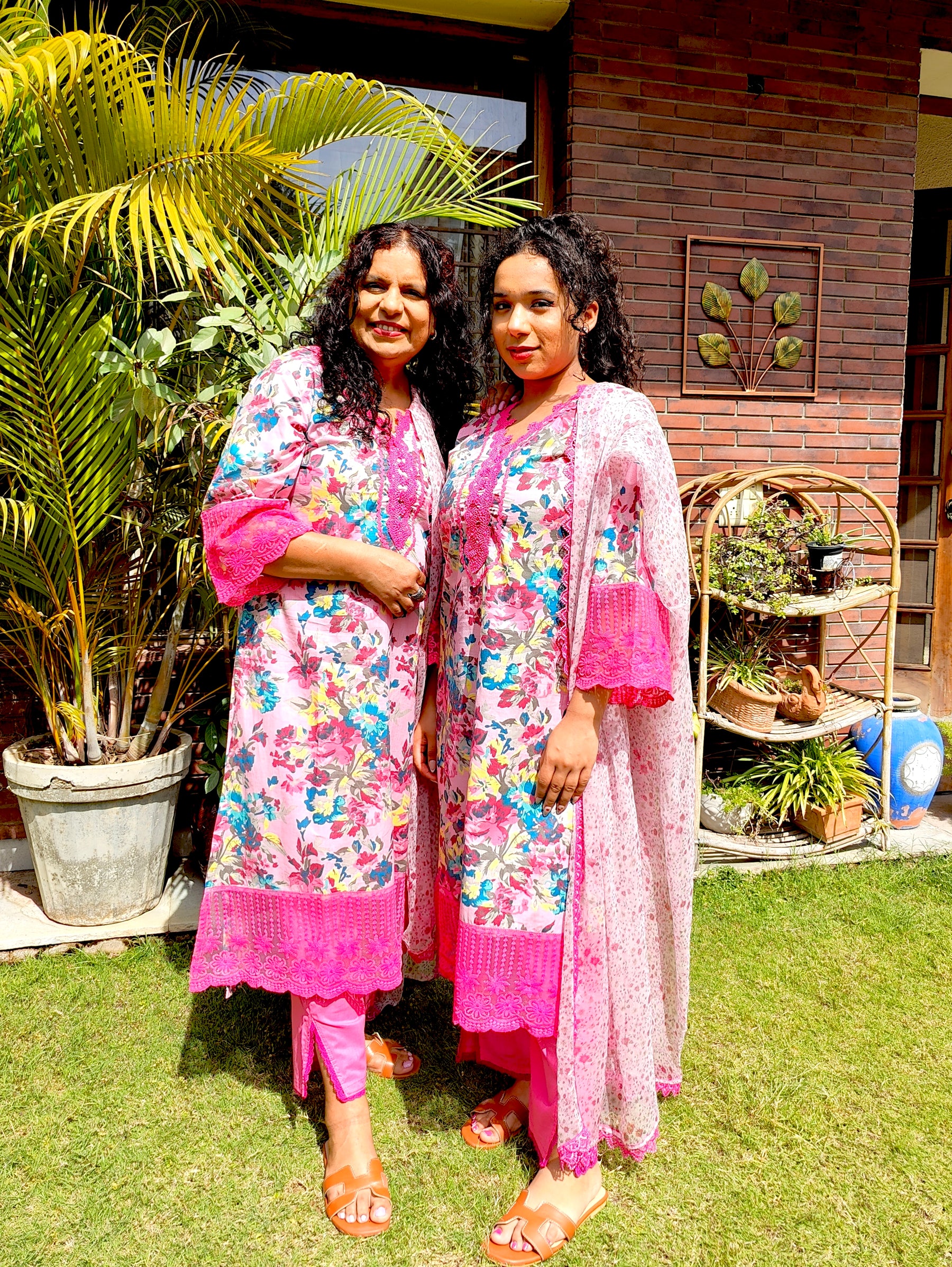 Pink Floral Handblock Magenta Lace Stitched Suit Set