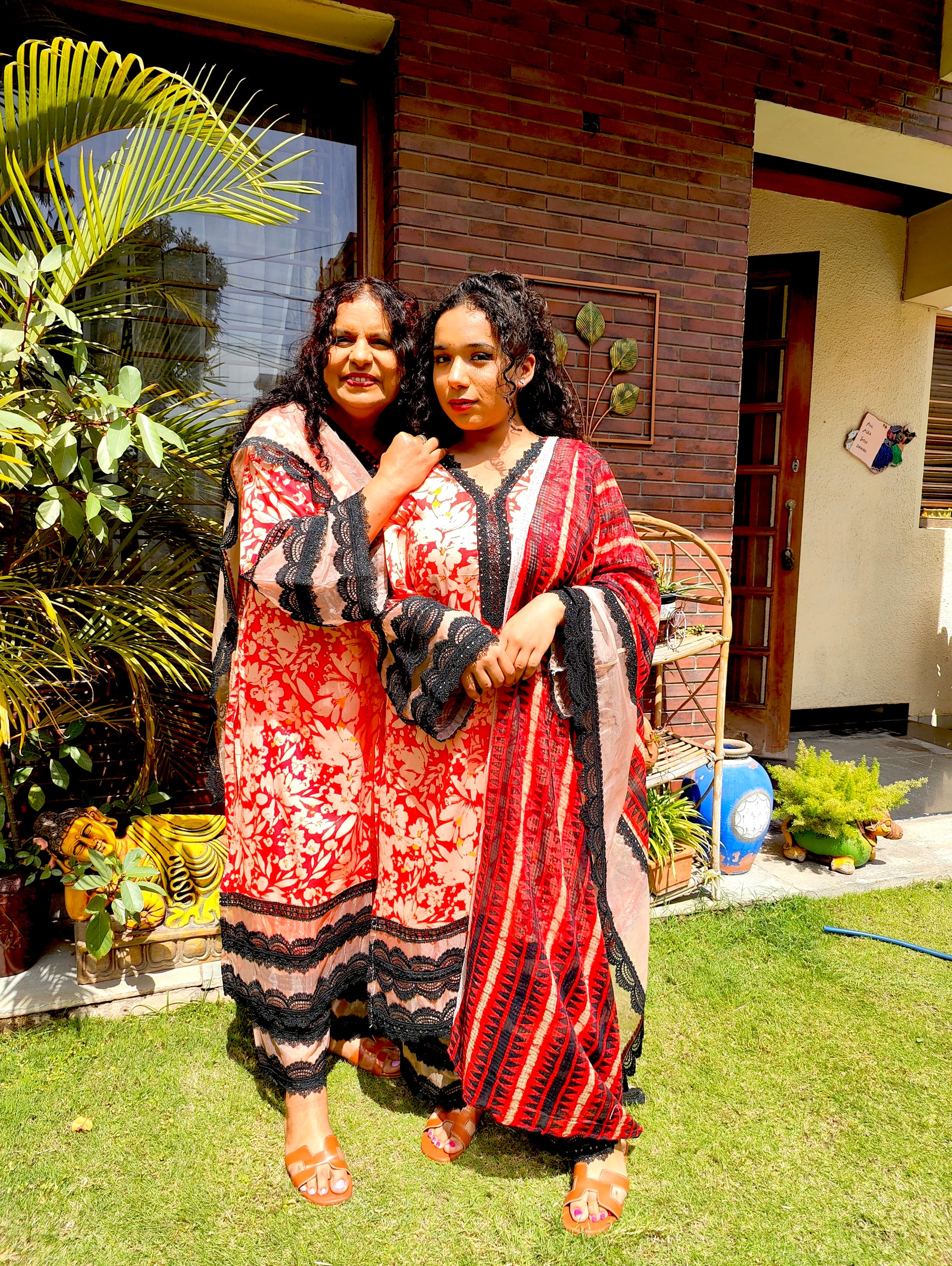 Orange Cotton Black Italian Lace Stitched Suit Set